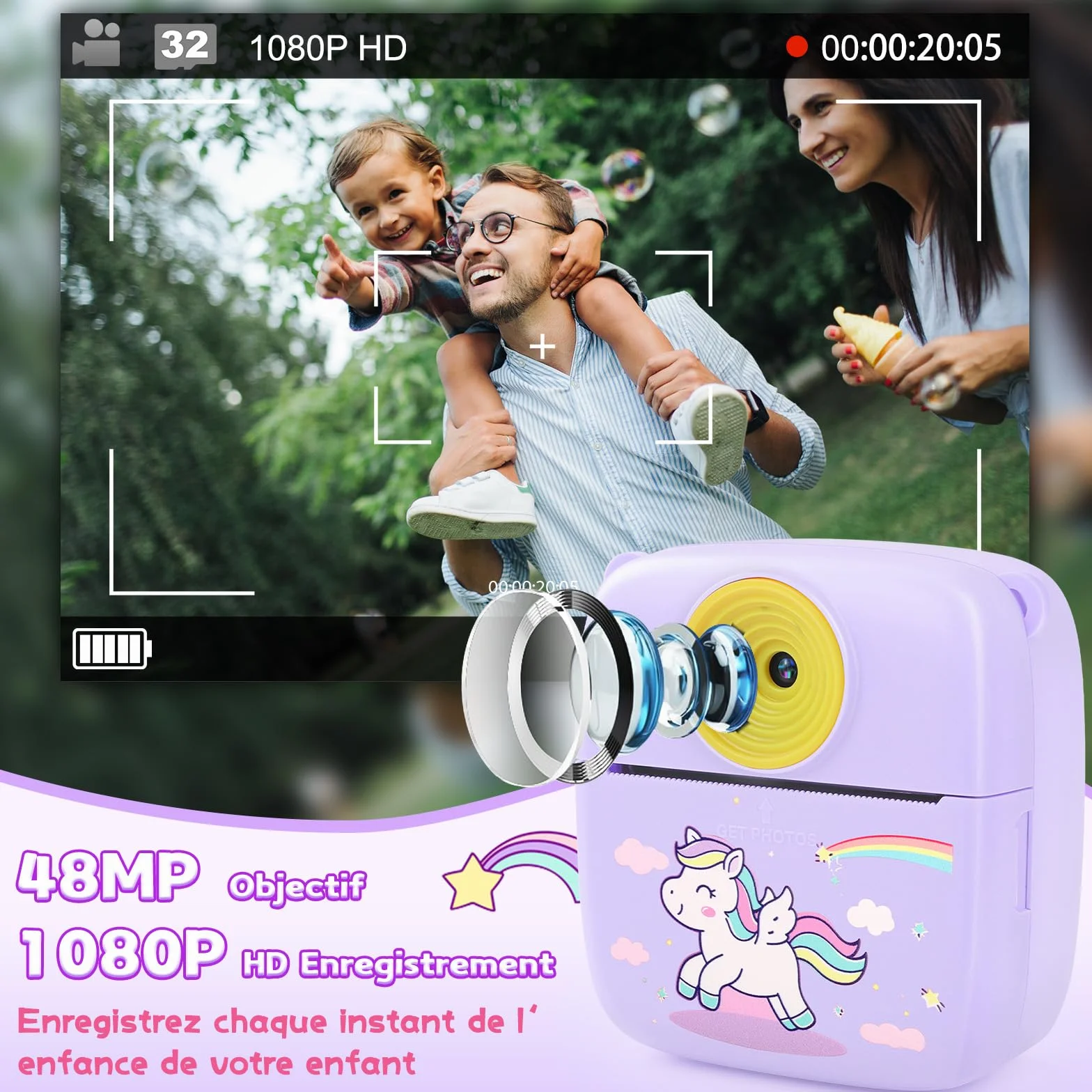 Aparat natychmiastowy dla dzieci, aparat natychmiastowy 48 MP dla dzieci z kartą 32 GB i papierem do drukowania, aparat cyfrowy dla dzieci 1080P, prezent dla chłopców - fioletowy