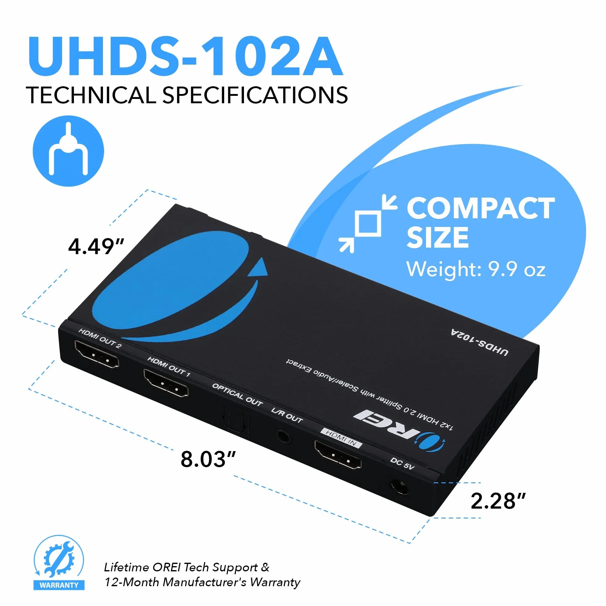 OREI Rozdzielacz HDMI 1x2 2.0 ze skalerem audio, 2 porty z Full Ultra HDCP 2.4K przy 60Hz i 3D obsługuje sterowanie EDID - UHDS-102A