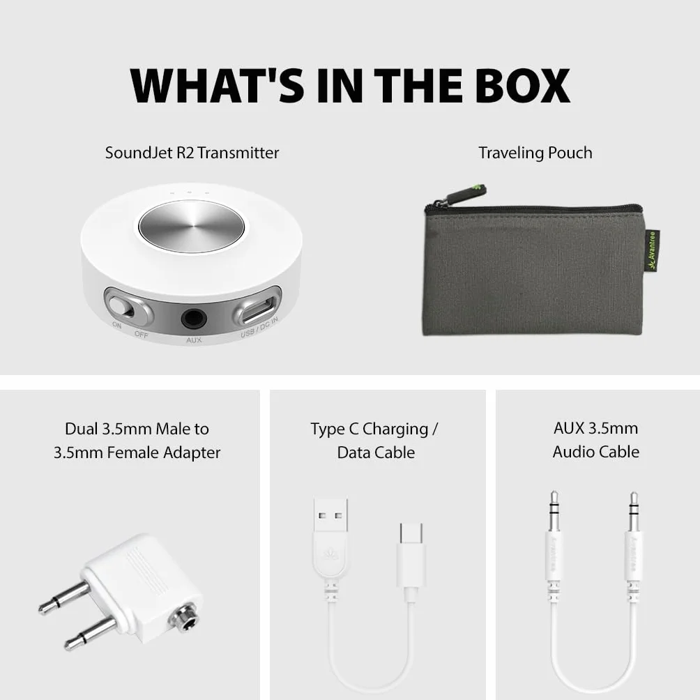 Avantree SoundJet R2 adapter Bluetooth 5.3 do samolotu i komputera, obsługa słuchawek Airpods (Pro) i Bluetooth, aptX Adaptacyjne i niskie opóźnienia, bezprzewodowy nadajnik audio do lotu