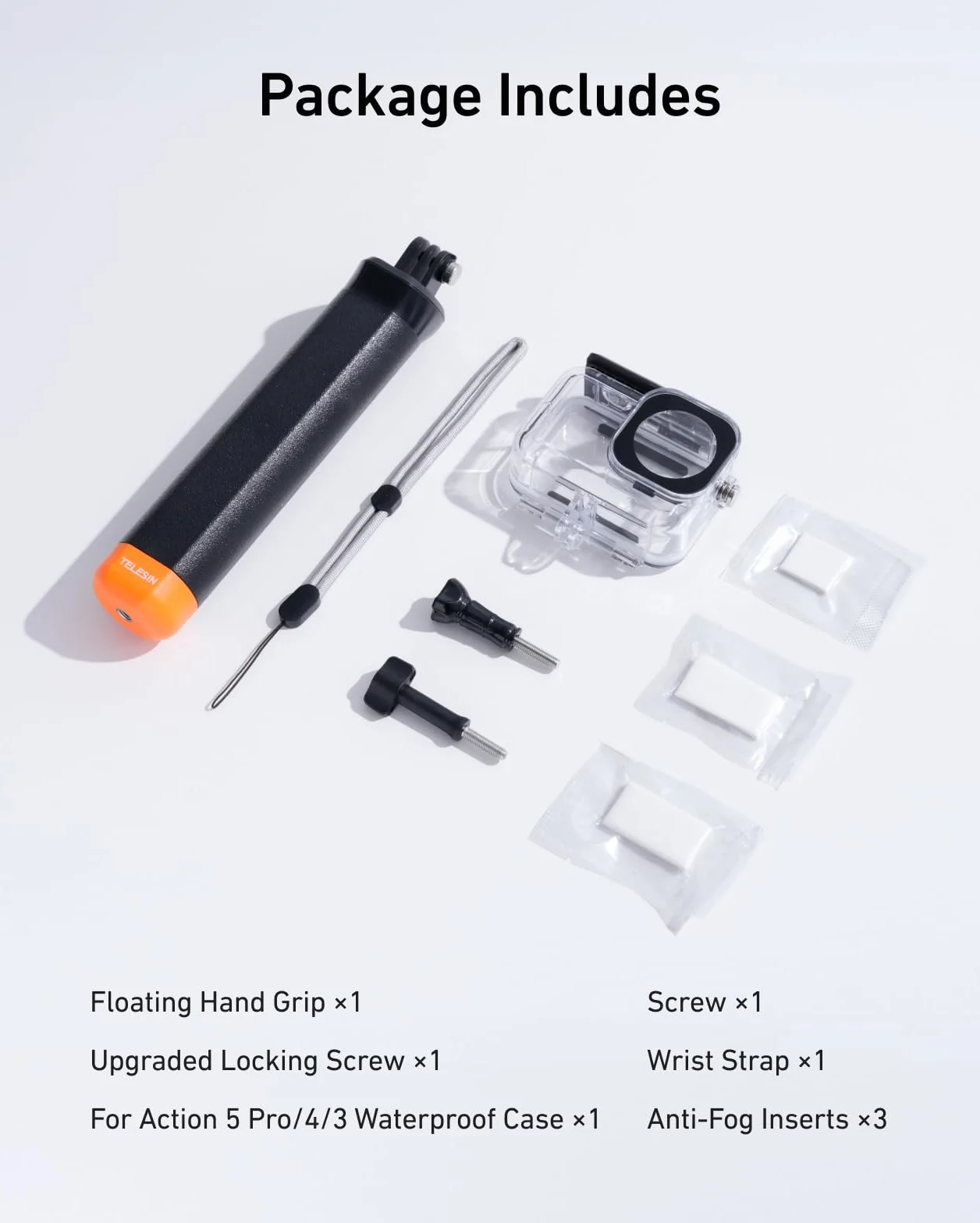 TELESIN wodoszczelny zestaw futerałek dla DJI Action 5/4/3, podwodne etui z pływającym kijem do selfie i szybkozłączem, odporne na zanurzenie do 45M na snorkeling i nurkowanie, akcesoria do Action 5/4