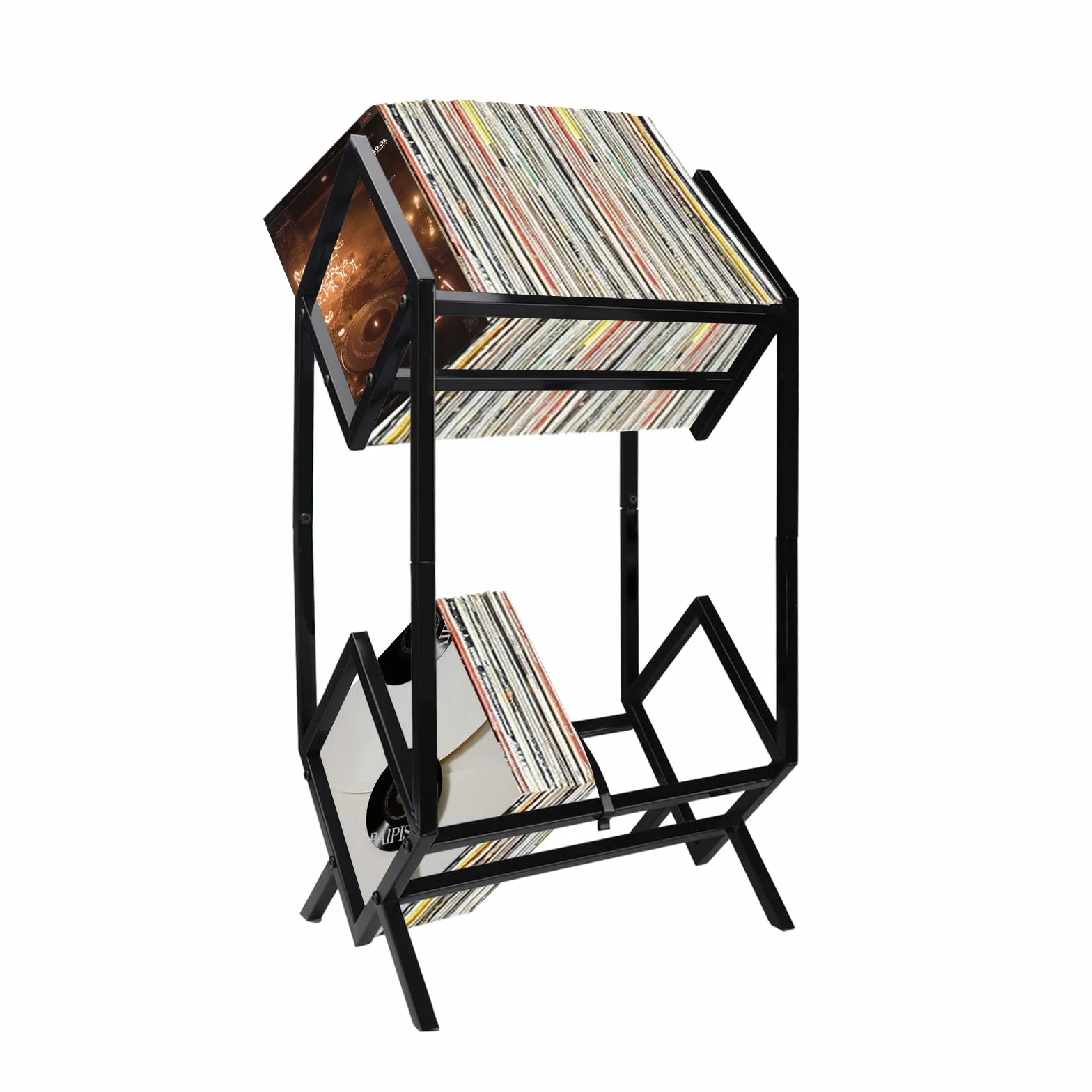 Tefola Regał do przechowywania płyt gramofonowych i książek, 2-poziomowy, retro, metalowy stojak na prezentację albumów LP