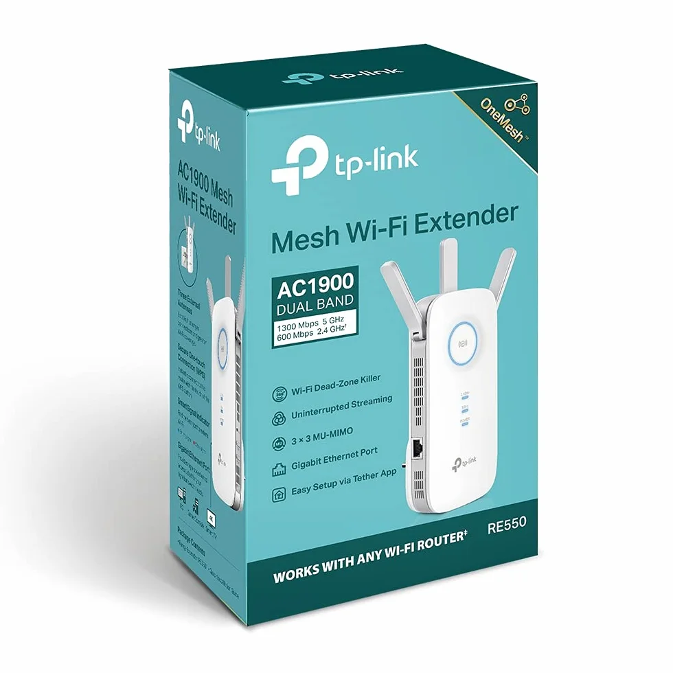 TP-Link RE550 – Wzmacniacz sygnału Wi-Fi AC1900, 1300 Mb/s (5GHz) + 600 Mb/s (2.4GHz), 3 anteny, port Gigabit, tryb AP, wskaźnik sygnału