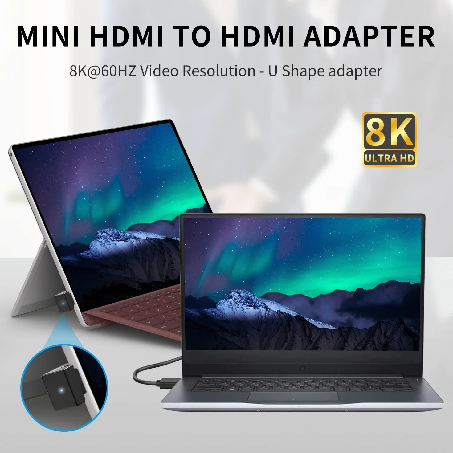 Duttek U Shape Mini HDMI do HDMI 8K Adapter, dół kąt HDMI do HDMI Mini Adapter obsługuje 8K@60Hz, 48Gbps dla Camera/laptop/tablet/HDTV/projektor (1 opakowanie)