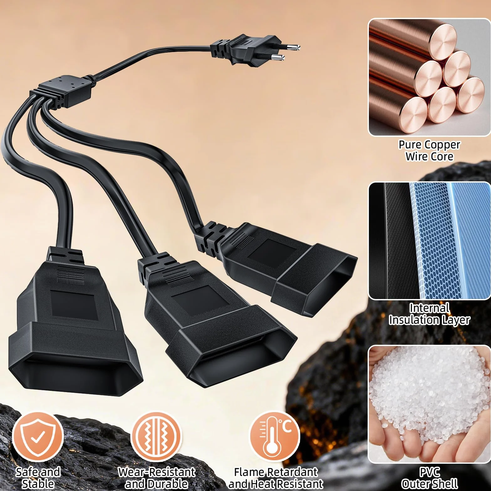Starvortex Przedłużacz płaski, 3 w 1, wtyczka euro, przedłużacz 2 m, płaska wtyczka 2,5 A/250 V z wtyczką Euro i złączką, bezpieczny i trwały kabel przedłużający, cienki
