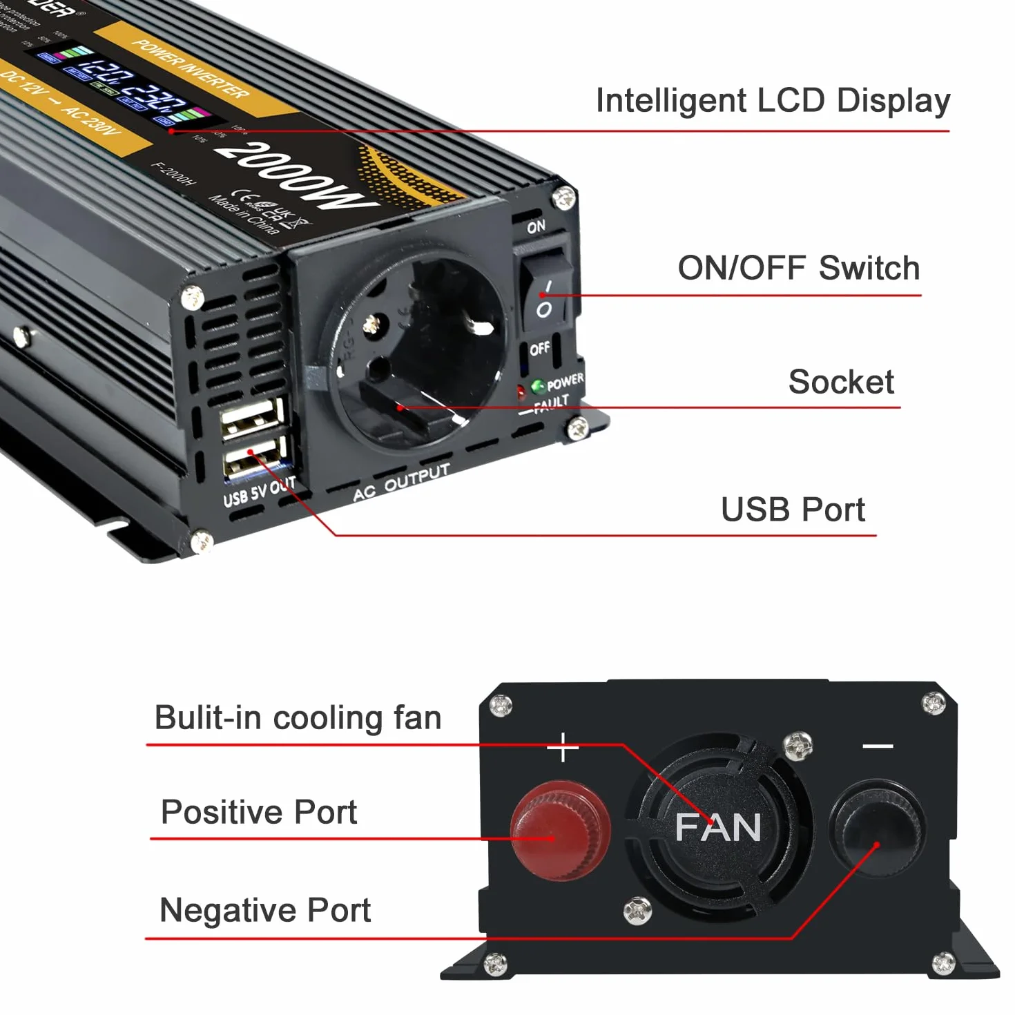 Yinleader Falownik 12 V 230 V 1000 W /2000 W przetwornica napięcia LCD z 2 USB -czarny