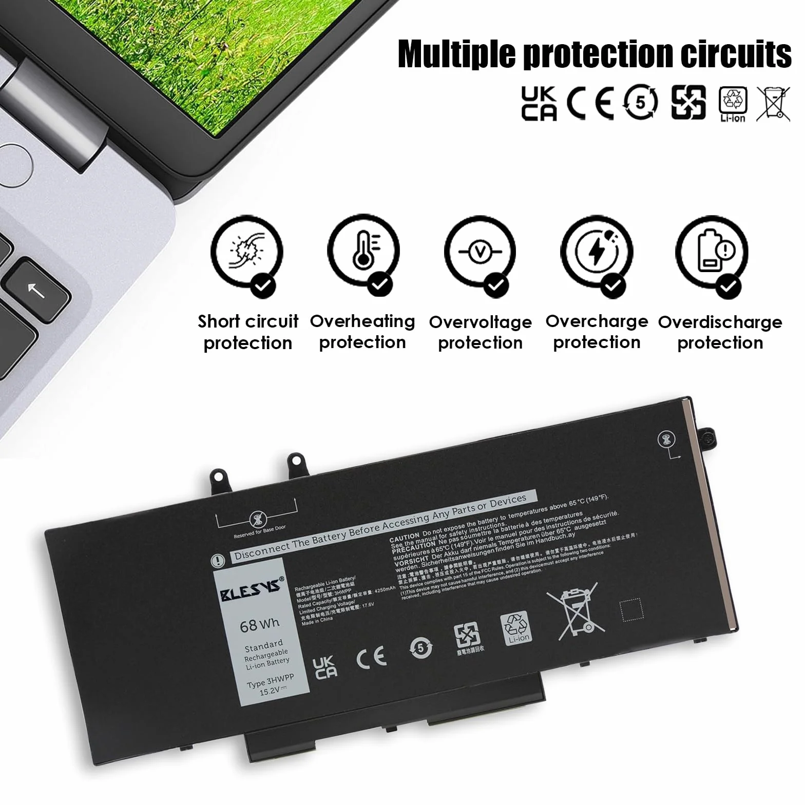 BLESYS 3HWPP Bateria do Dell Latitude 5401 5411 5410 5501 5510 5511 Series do Inspiron 7706 7500 7506 Series do Precision 3541 3550 3551 Series (15.2V, 68Wh)