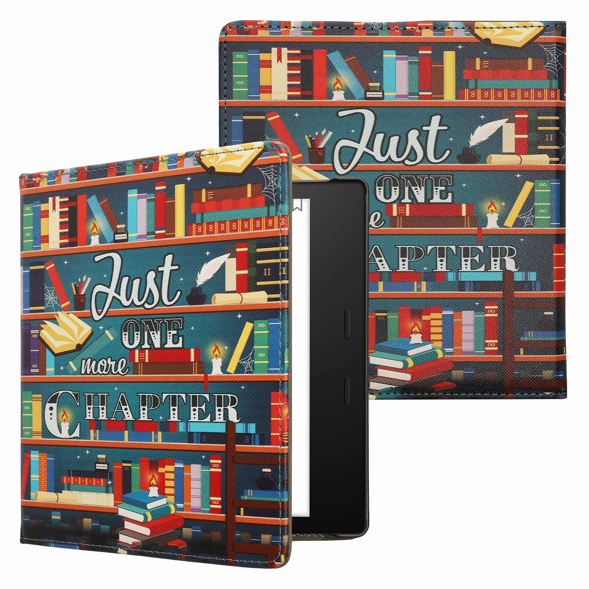 kwmobile Etui kompatybilne z Amazon Kindle Oasis 10. generacji - etui PU pokrowiec z paskiem - biblioteka Motto wielokolorowe