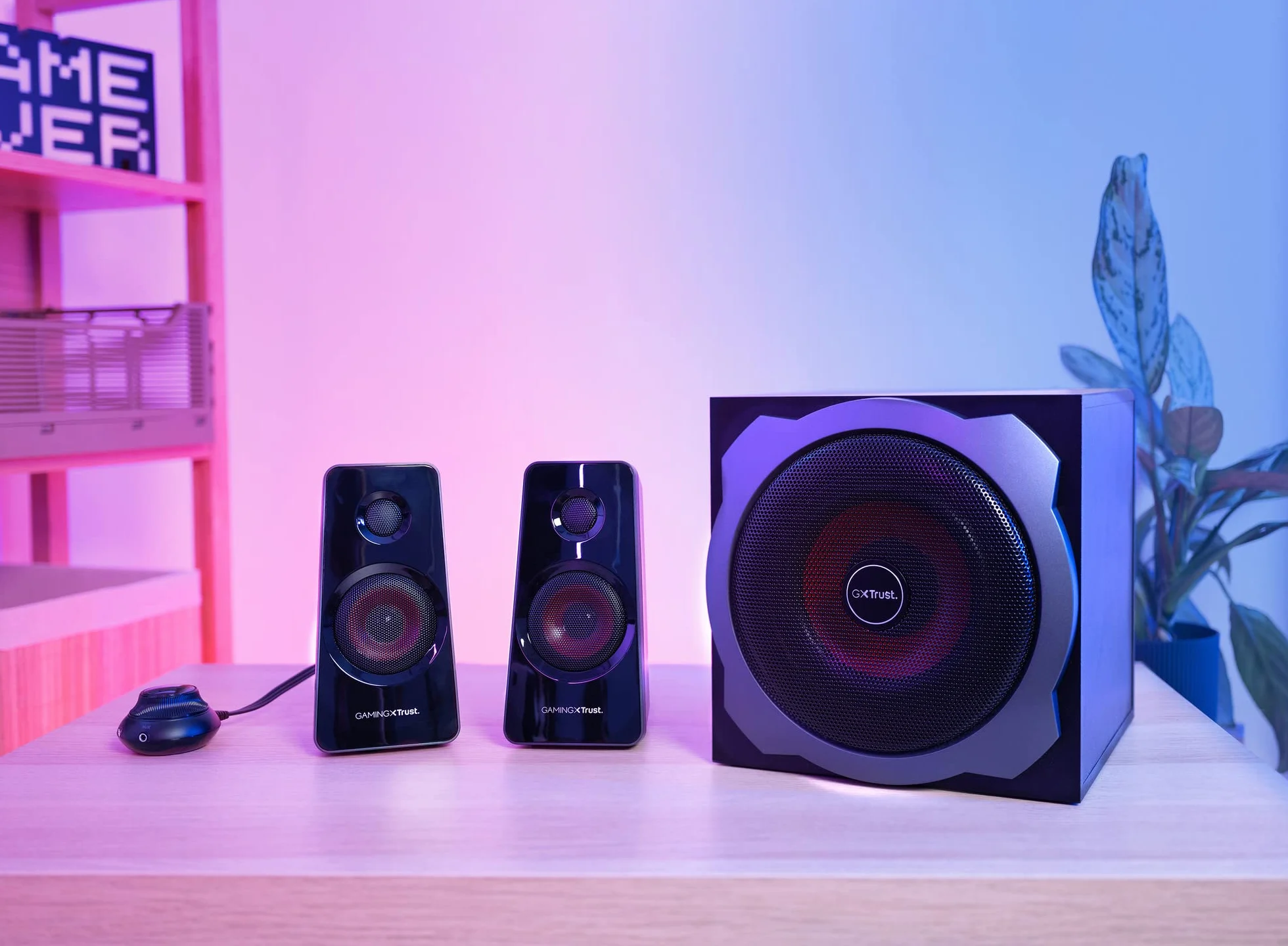 Trust Gaming GXT 38 Głośnik PC Gamer 2.1 z subwooferem, 120 W, inteligentne zarządzanie zasilaniem, regulacja głośności przewodowej, głośnik do komputerów PC i laptopa - czarny/czerwony