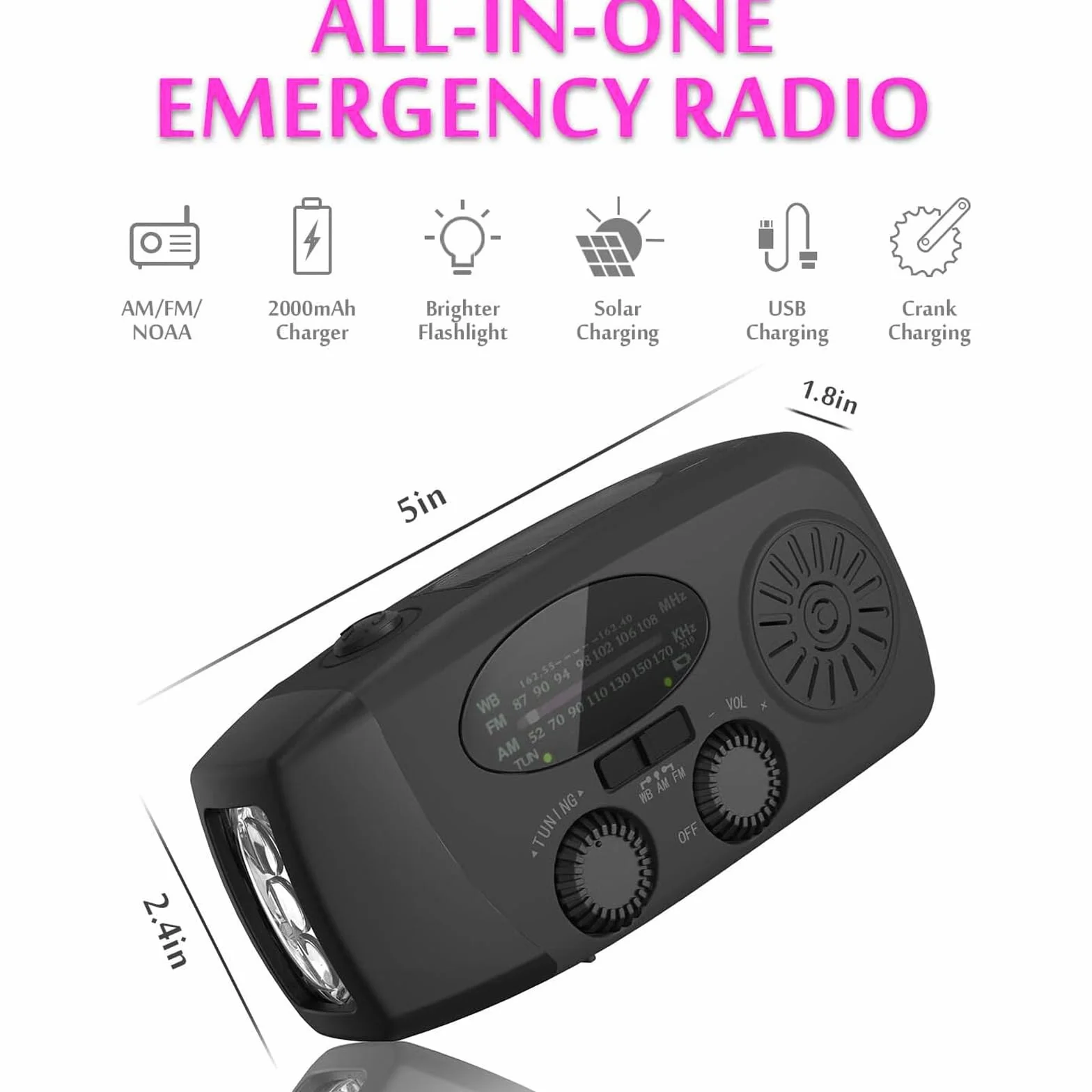 Radio awaryjne z korbą AM/FM solarne 2000 mAh powerbank latarka LED ładowarka czarny