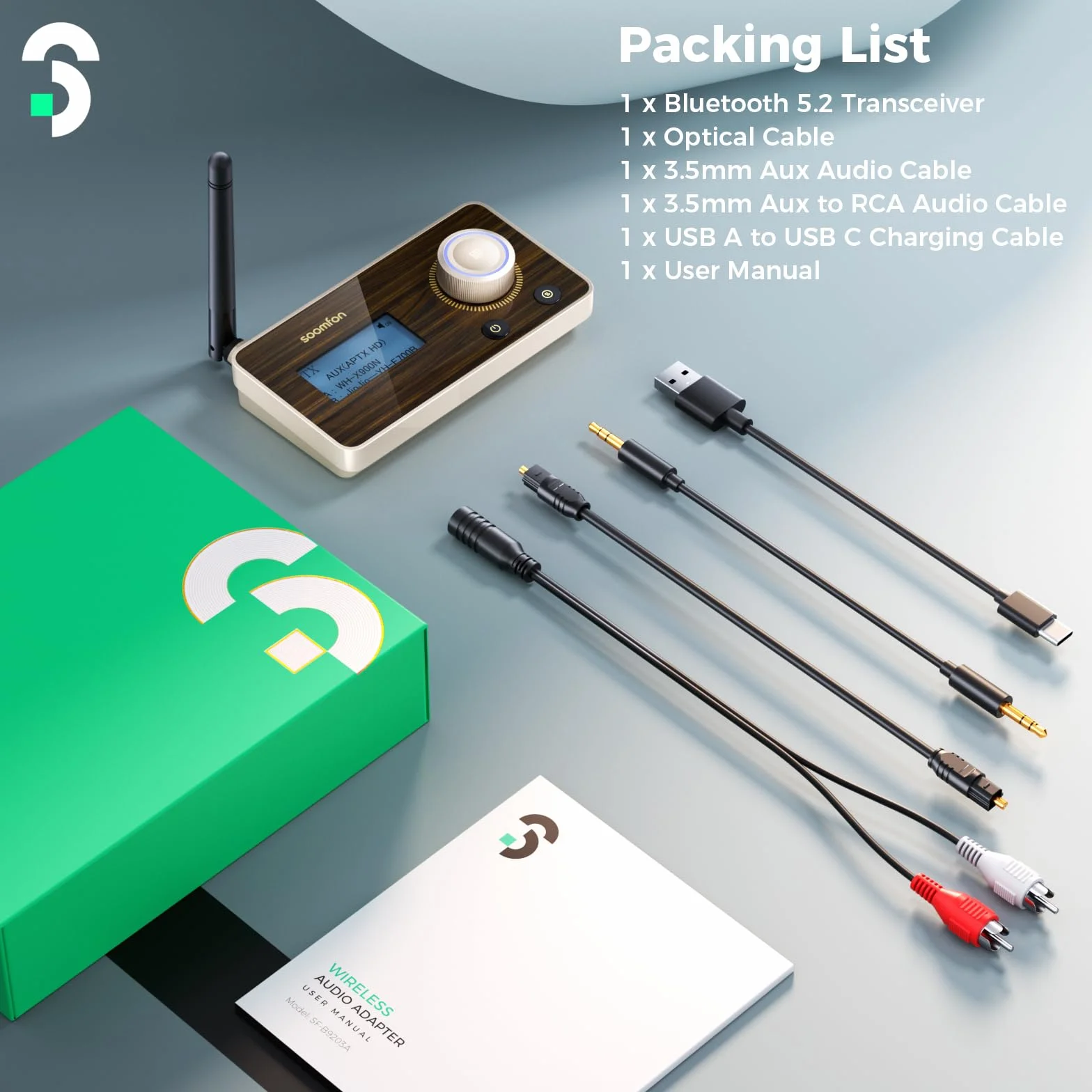 SOOMFON Bluetooth 5.2 nadajnik odbiornik aptX HD podwójny link audio adapter TV do słuchawek stereo optyczny AUX RCA