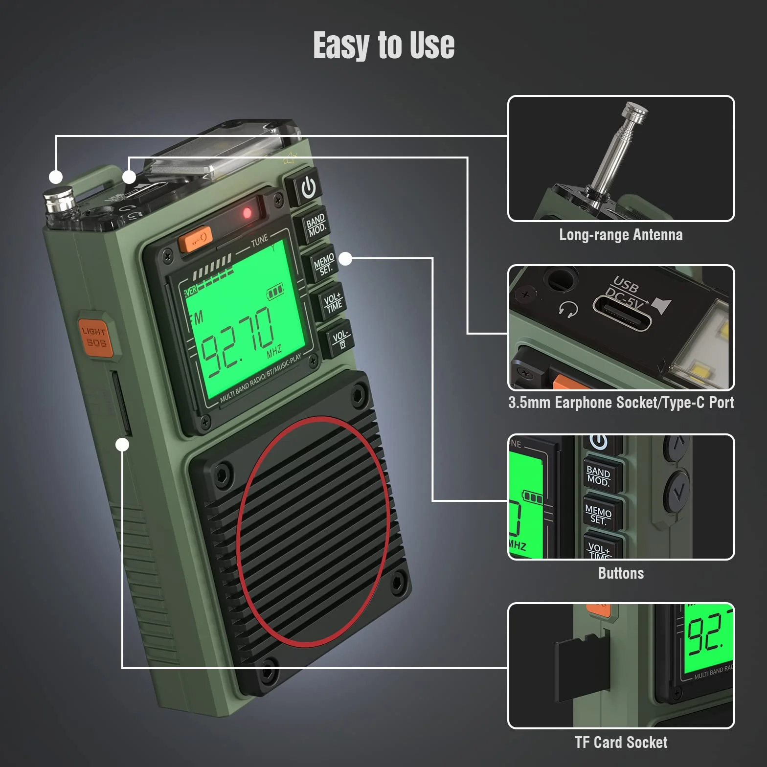 Raddy RF75A Radio krótkofalowe z kontrolą aplikacji, przenośne AM/FM/VHF/SW/WB z funkcją pogody, ładowalne, z anteną drucianą (Army Green)