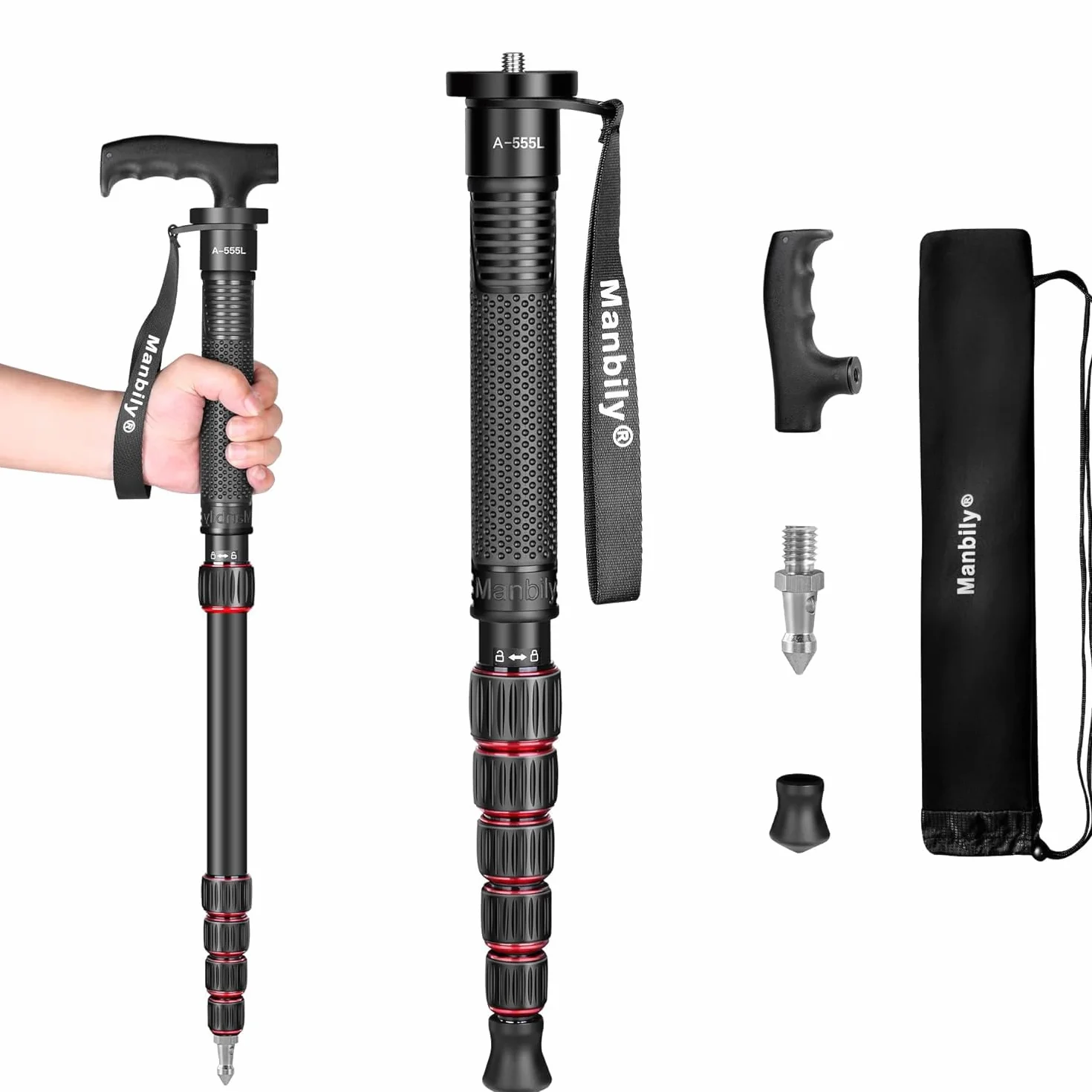 Manbily Monopody do aparatów z uchwytem, monopod, laska, 155 cm, przenośny, kompaktowy, podróżny, monopod ze stopu aluminium, kij do selfie, 6 sekcji, 7 kg, do lustrzanki cyfrowej, kamery wideo
