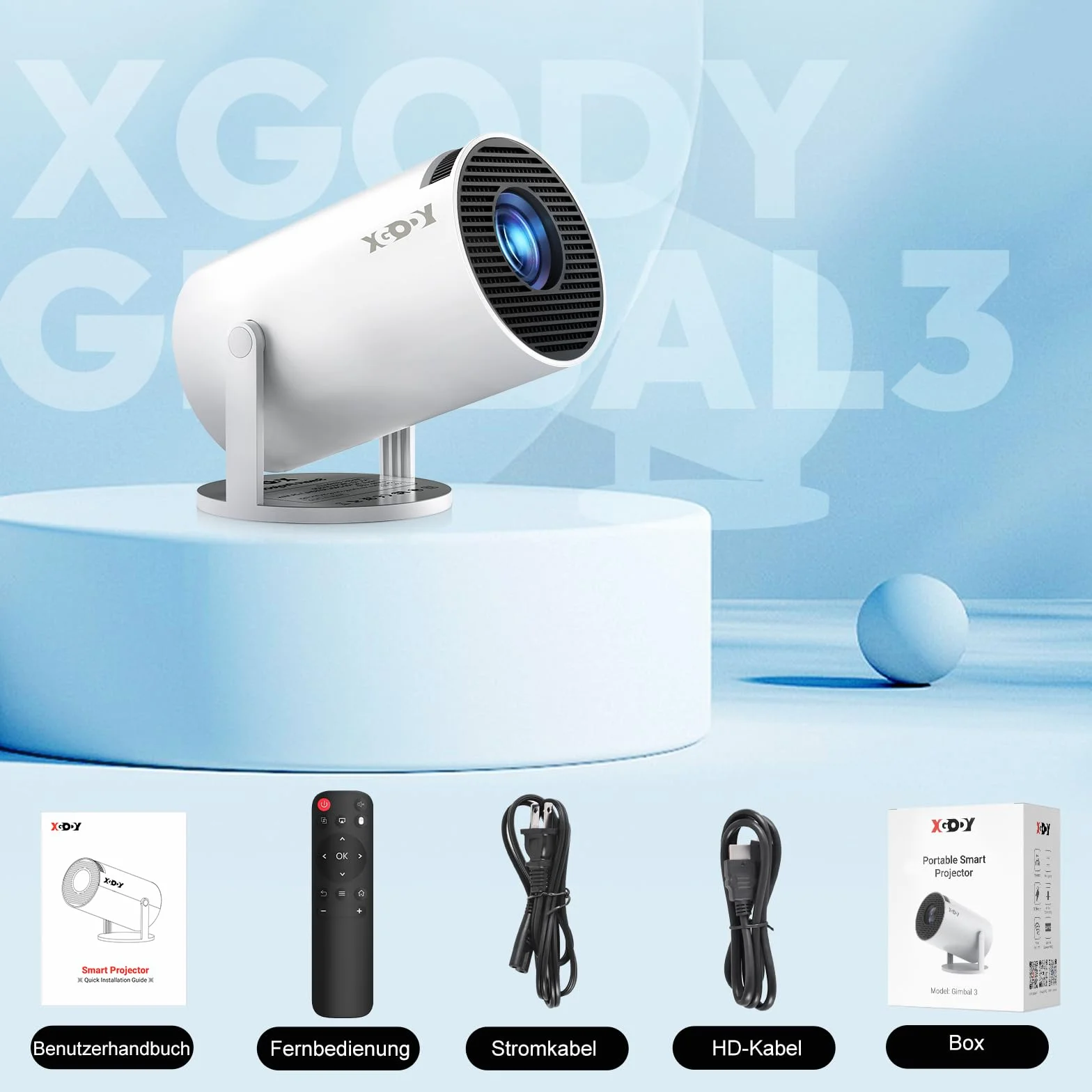 Mini projektor [2025 Upgraded & Android 11.0] Native 720P HD, obsługuje 4K 1080P, Xgody Gimbal 3 New przenośny projektor 12000 lumenów, WiFi 6, Bluetooth, Auto Keystone, projektor wideo do kina