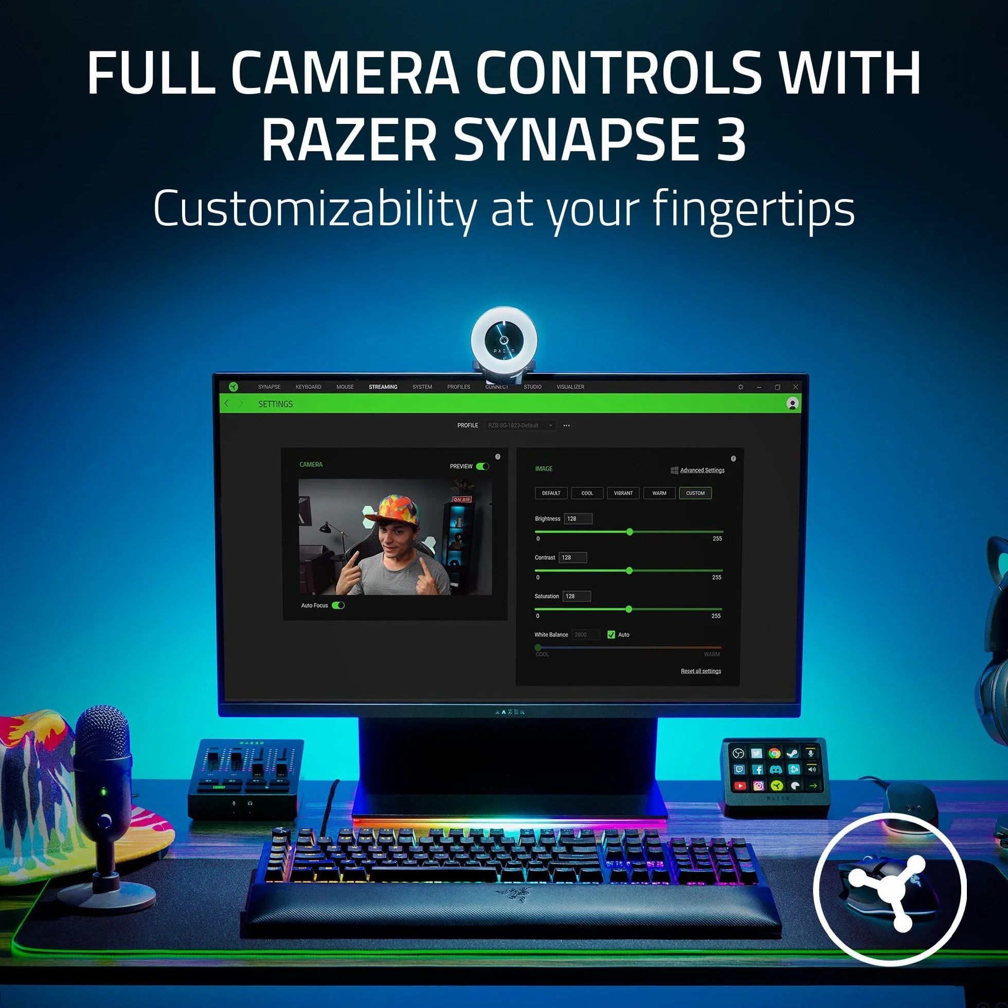 Razer Kiyo - kamera z transmisją przez USB (kamera fotograficzna przez USB, HD 720p, 60 FPS, kompatybilna z oprogramowaniem Open Broadcaster, Xsplit, autofokus, możliwość nagrywania) Czarny
