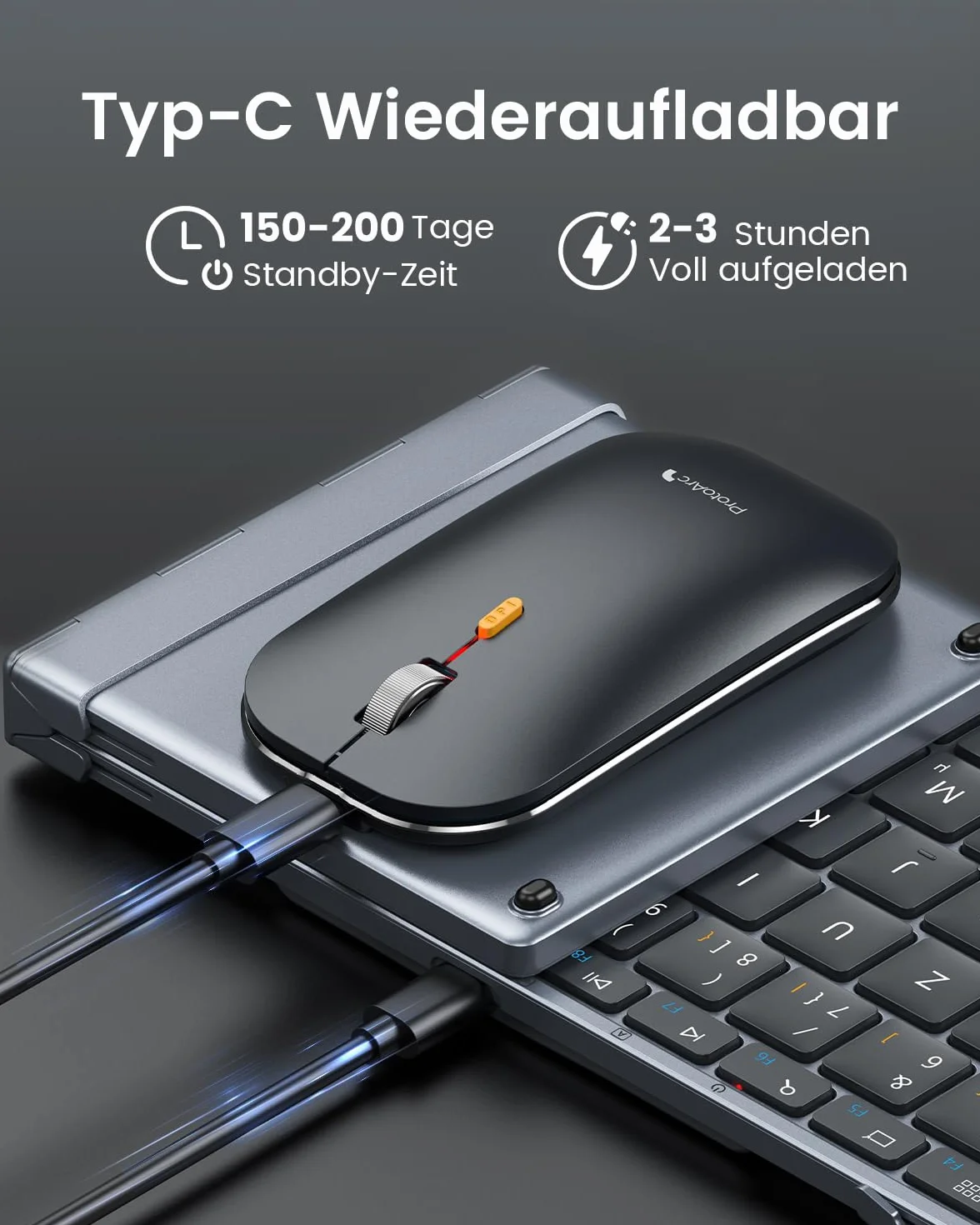 ProtoArc Składana klawiatura bezprzewodowa i mysz, XKM01 klawiatura Bluetooth, składana mysz, 2,4 G + Dual Bluetooth, pełnowymiarowa, mobilna klawiatura, układ QWERTZ, do iPada, tabletu, iPhone'a