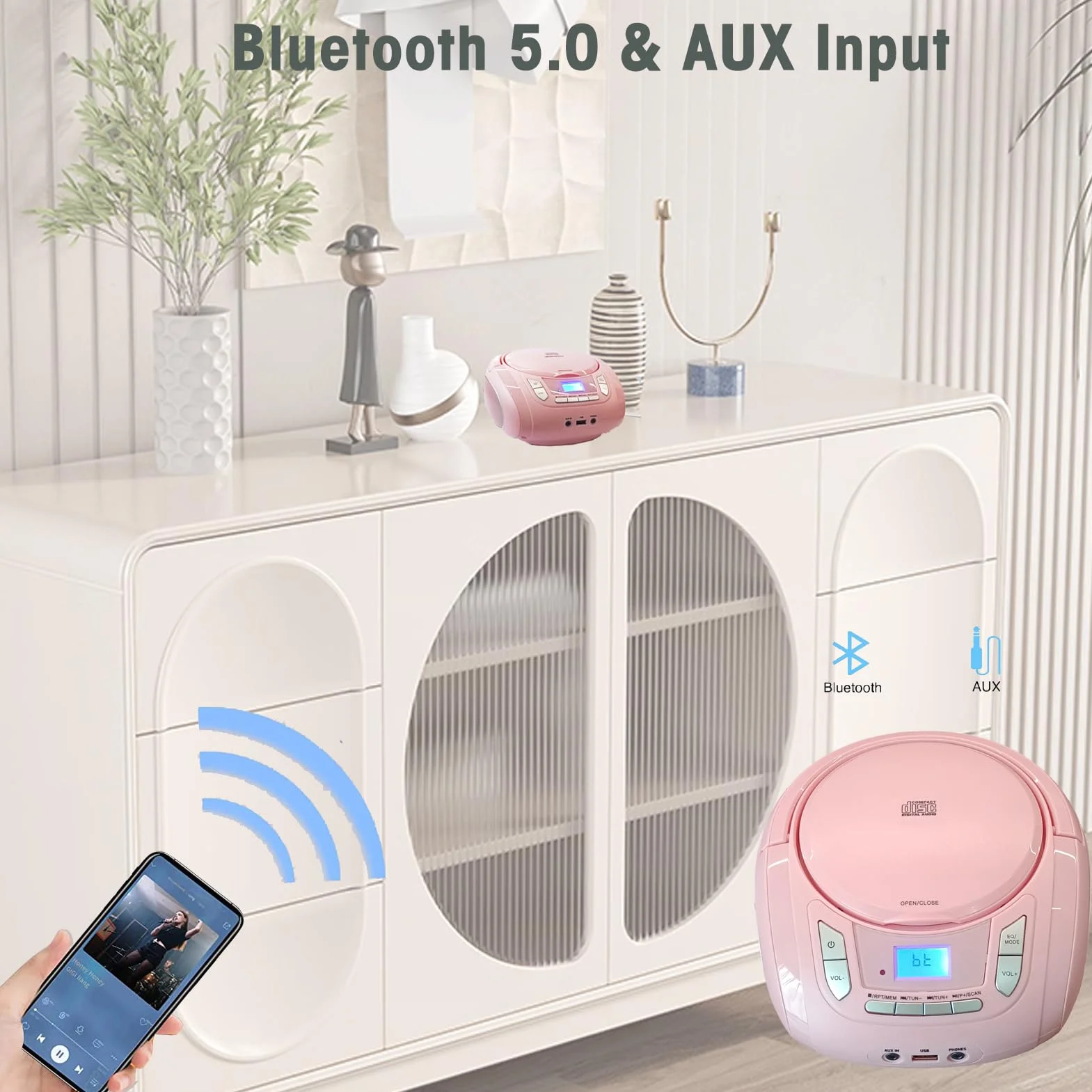 Przenośny odtwarzacz CD Bluetooth Boombox z radiem FM, USB, AUX, gniazdem słuchawkowym, kompatybilny z CD-R/RW i MP3 CD (różowy)