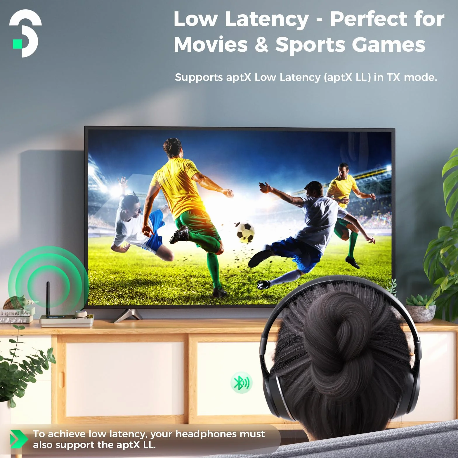 SOOMFON Bluetooth 5.2 nadajnik odbiornik aptX HD podwójny link audio adapter TV do słuchawek stereo optyczny AUX RCA