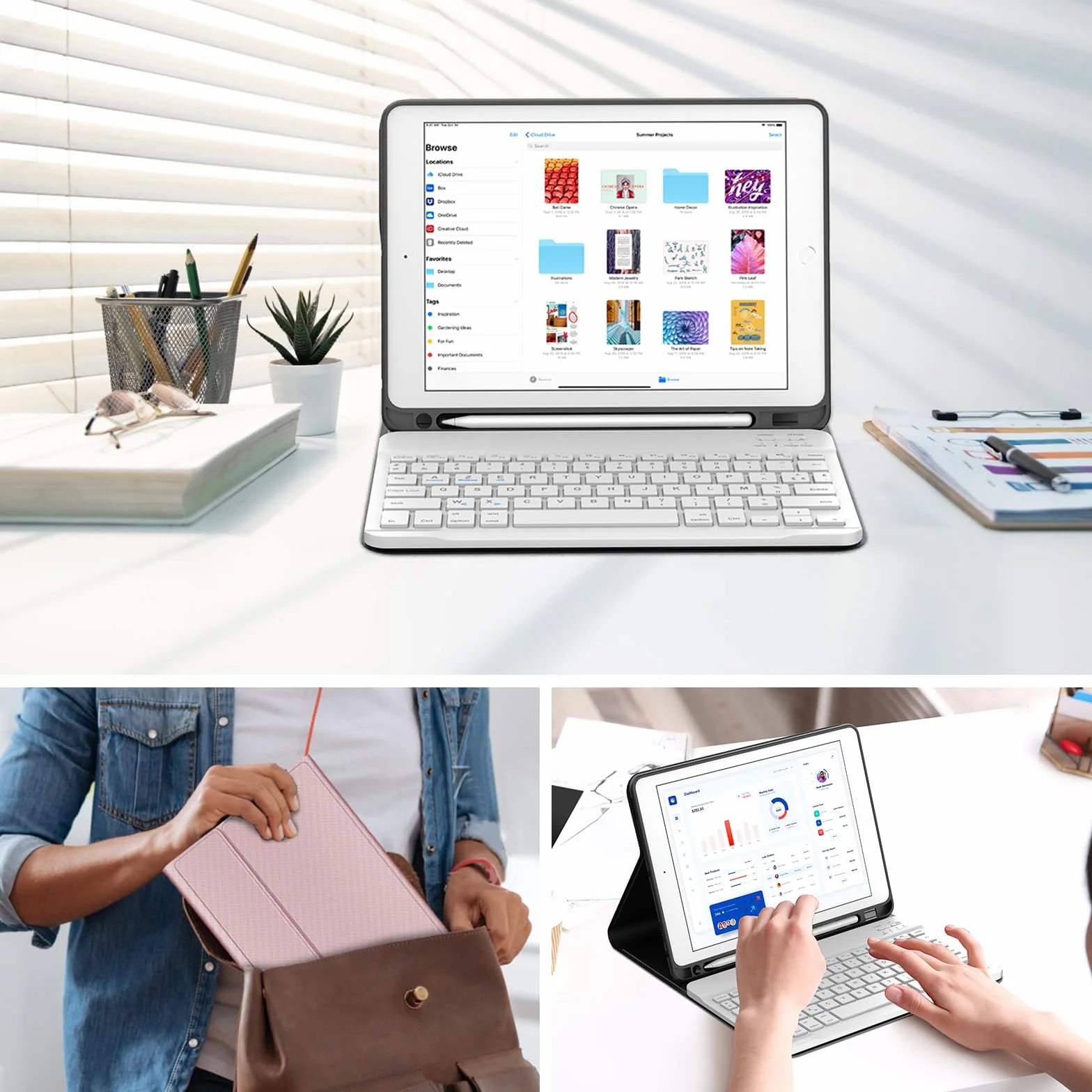 IVEOPPE Etui na klawiaturę do iPada 6/5 EME Generation/Pro 9.7 / Air 2/Air 1 9,7", AZERTY francuski pokrowiec na klawiaturę, zdejmowany układ bezprzewodowy Bluetooth z ołówkiem do iPada 9.7 2018