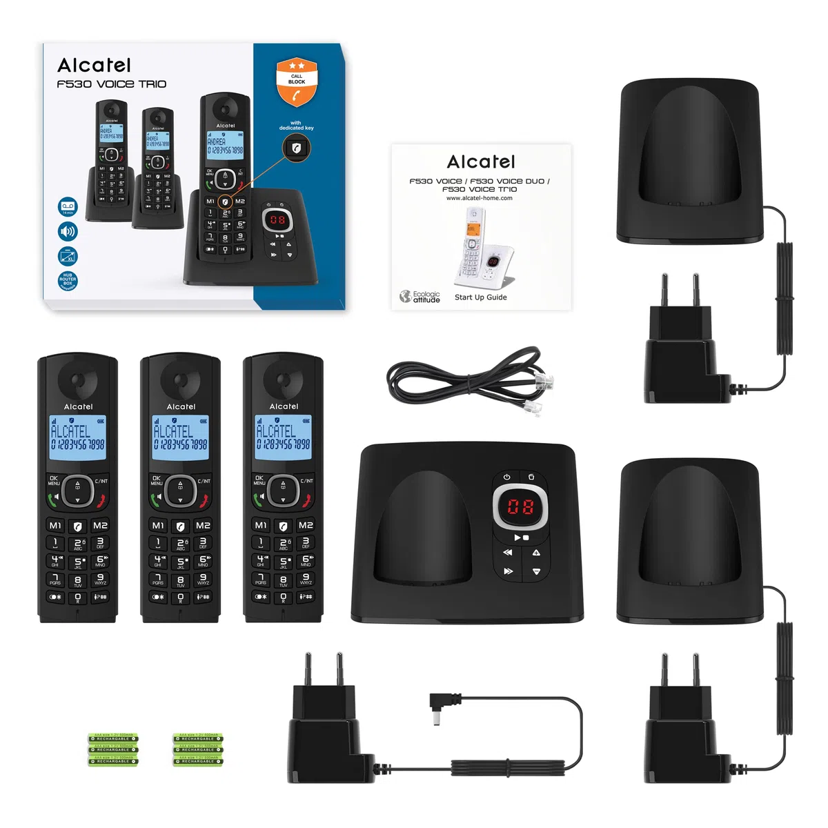 Alcatel F530 Voice Trio, telefon bezprzewodowy z automatyczną sekretarką i 3 słuchawkami, blokowanie połączeń i funkcją głośnomówiącą, czarny