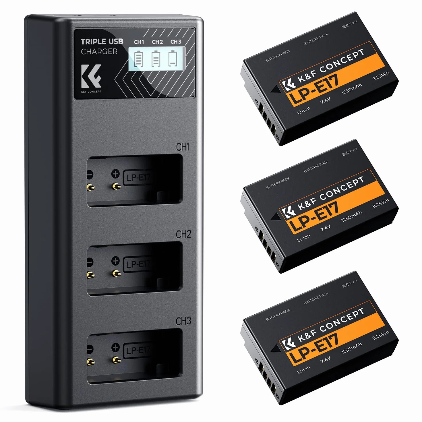 Zestaw 3 akumulatorów K&F CONCEPT LP-E17 o pojemności 1250 mAh i ulepszona ładowarka LCD z 3 gniazdami, kompatybilne z aparatami Canon EOS RP, EOS R10, EOS R8, EOS R50, Rebel T8i, T7i, T6i, SL2, SL3,