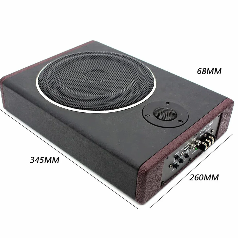 Subwoofer płaski samochodowy aktywny głośnik basowy, ultra kompaktowy pod siedzeniem, drewniany korpus pokryty skórą PU, czarny