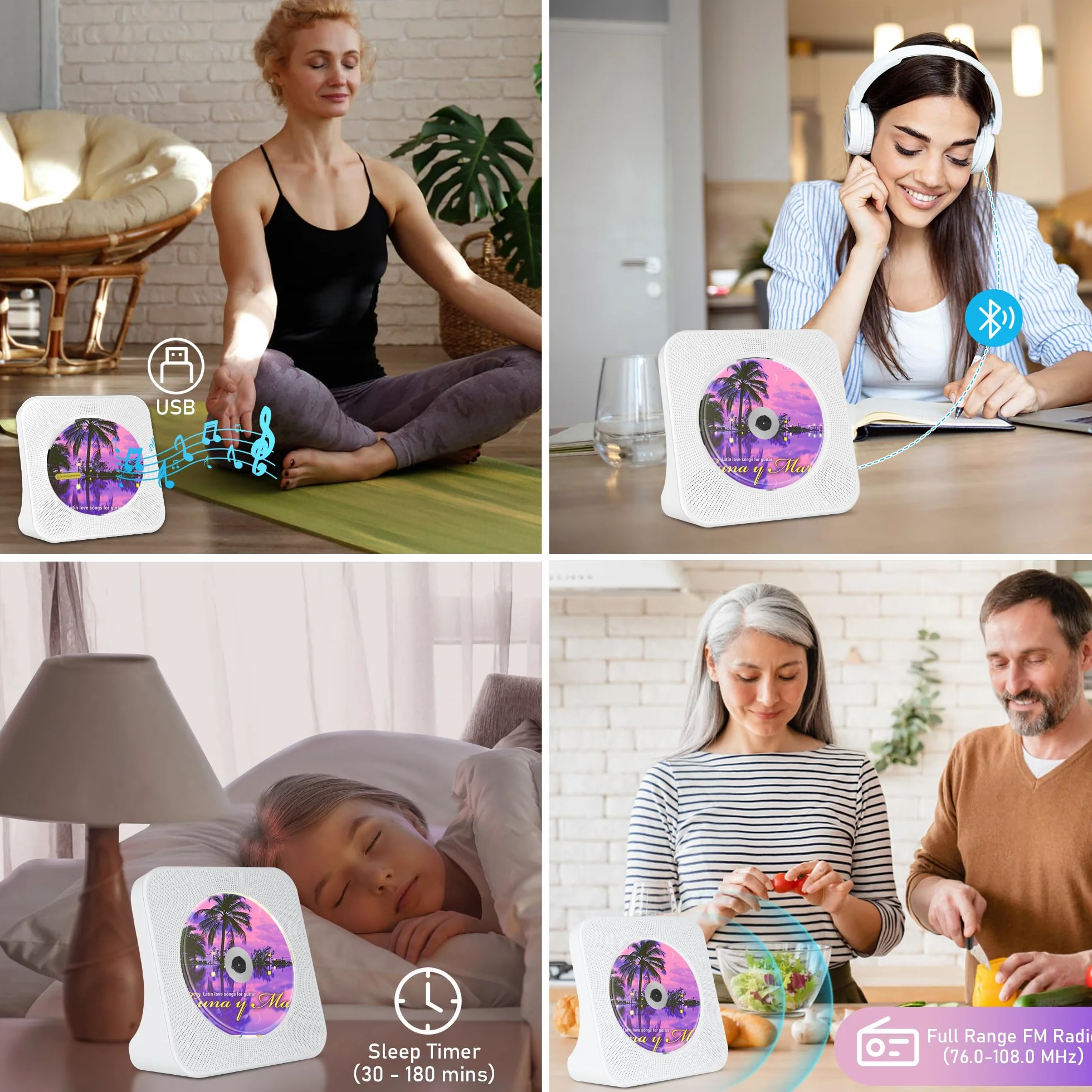 Biurkowy odtwarzacz CD z Bluetooth 5.0, przenośny odtwarzacz muzyki CD do domu, wbudowany głośnik HiFi, pilot zdalnego sterowania, radio FM, gniazdo słuchawkowe, wyłącznik czasowy, obsługa AUX/USB