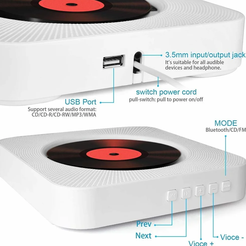 Przenośny odtwarzacz CD Bluetooth Boombox HiFi z pilotem biały