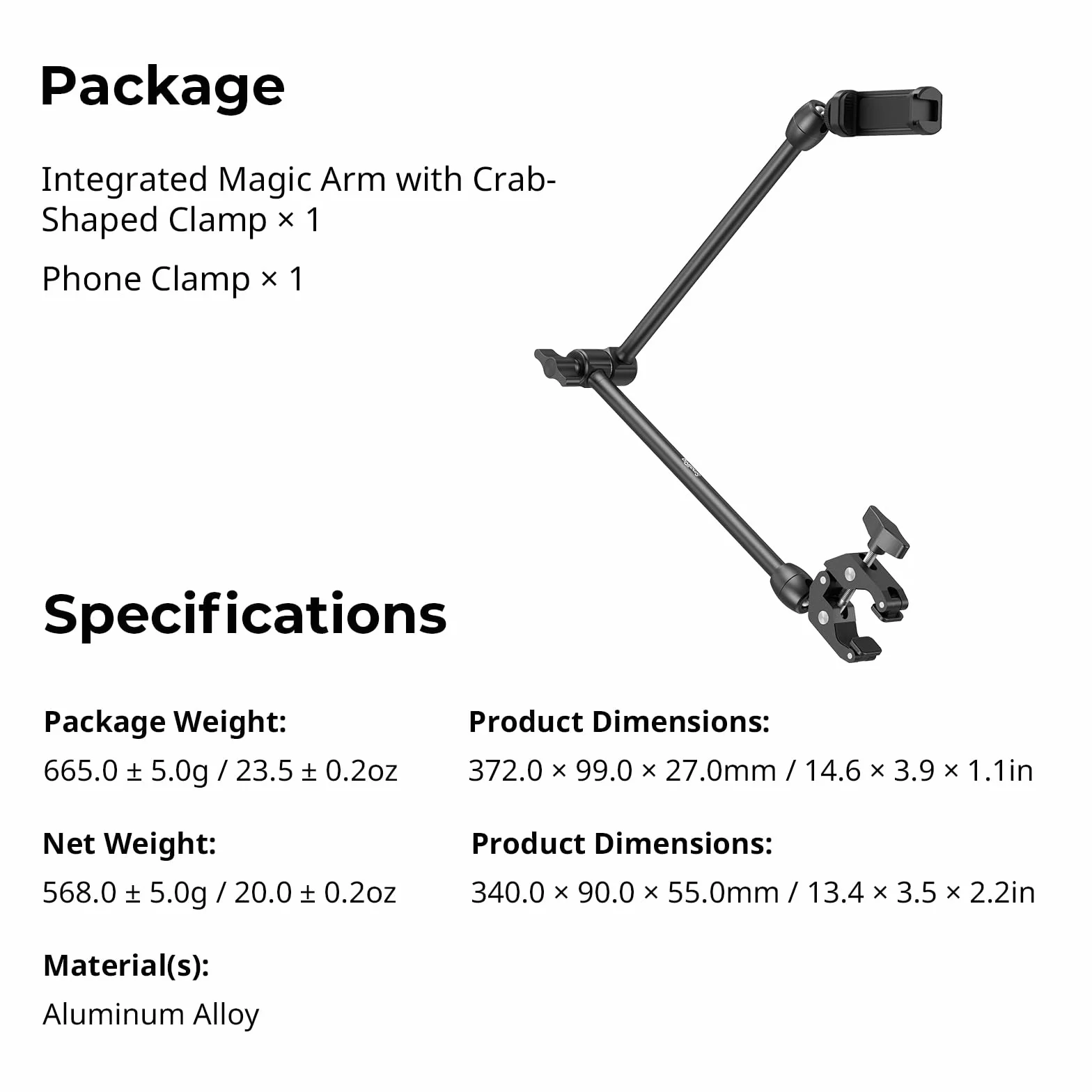 SMALLRIG 21,7" Magic Arm z Super Clamp, Uchwyt na Telefon, Elastyczny Uchwyt na Biurko ze Śrubą 1/4", do Kamery Sportowej, Lampy Wideo -5624