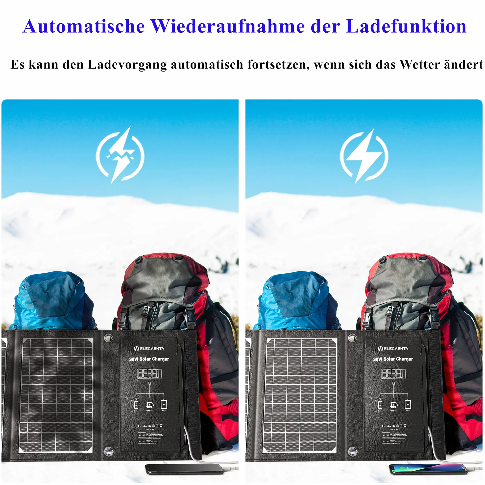 ELECAENTA 30W ETFE Przenośna Ładowarka Solarna 3 Porty USB PD18W QC3.0 USB-C Zamek Panel Słoneczny Przenośny Zestaw Paneli Słonecznych Wodoodporny dla Telefonów Komórkowych Smartfonów Tablet Powerbank