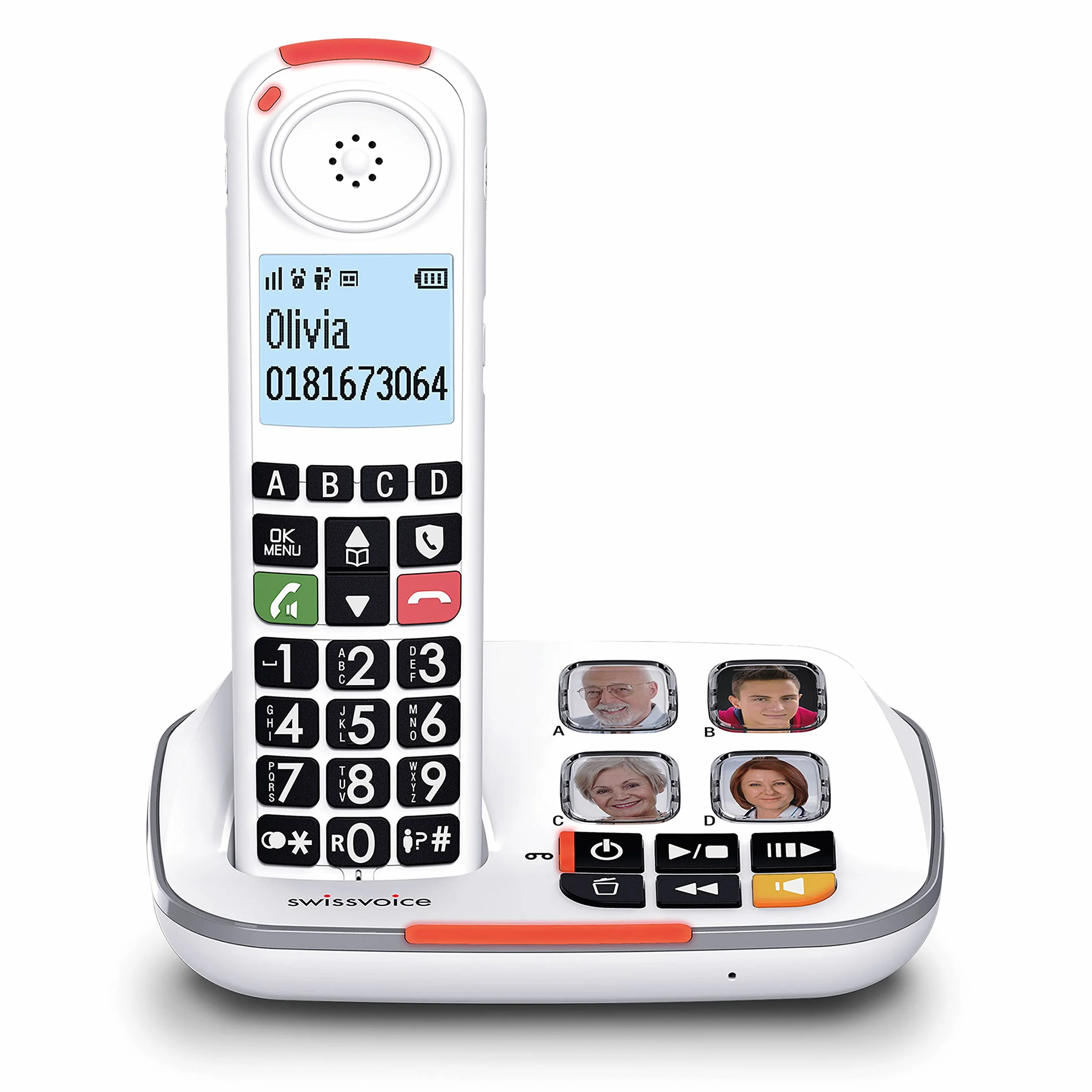 swissvoice Xtra 2355, szerokoprzyciskowy bezprzewodowy telefon DECT z automatyczną sekretarką, wzmocnienie audio, głośne dzwonki, kompatybilny z aparatami słuchowymi, funkcja blokady połączeń