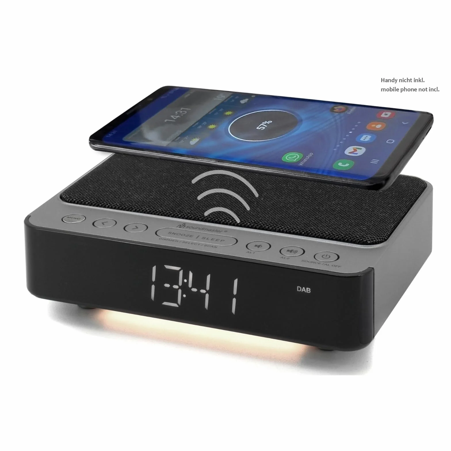 Soundmaster UR250AN DAB+ cyfrowy radiobudzik z bezprzewodową stacją ładującą, lampką nocną, bezprzewodową ładowarką iPhone/Samsung Galaxy, wyświetlacz LED, 5-stopniowy przyciemniacz, 2 czasy budzenia