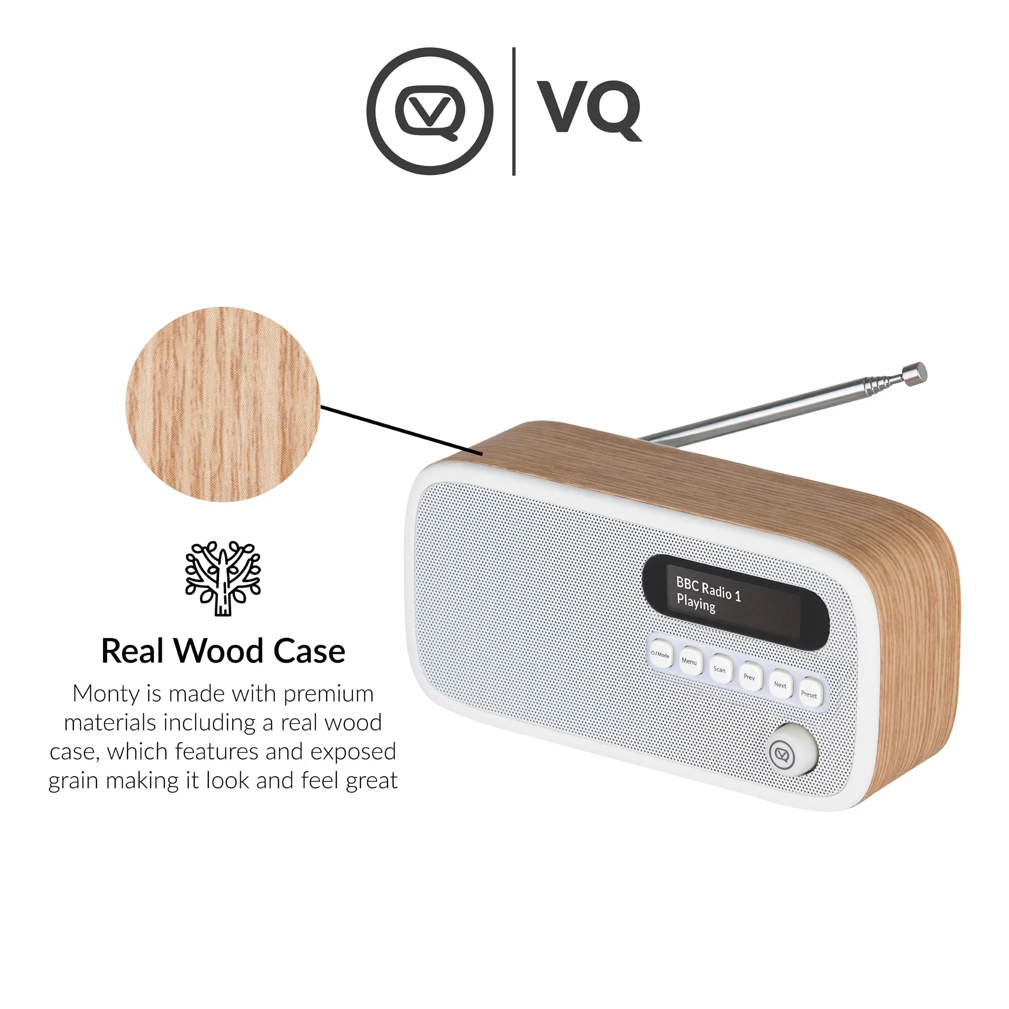 VQ Dexter Radio DAB Plus/DAB z FM, Głośniki Stereo 3W i Wyświetlacz LCD - Zasilane z Prądu i Baterii, Przenośne Radio z 60 Zapamiętanymi Stacjami, Anteną i Gniazdem Słuchawkowym - Dąb