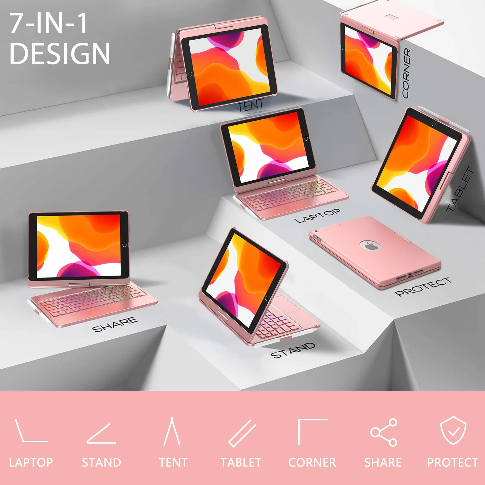 Etui na klawiaturę do iPada 10,2", do iPada 9/8/7 generacji, touchpad 360°, etui z klapką, smukłe etui, bezprzewodowe etui na klawiaturę Bluetooth, 7 podświetleń, funkcja automatycznego uśpienia