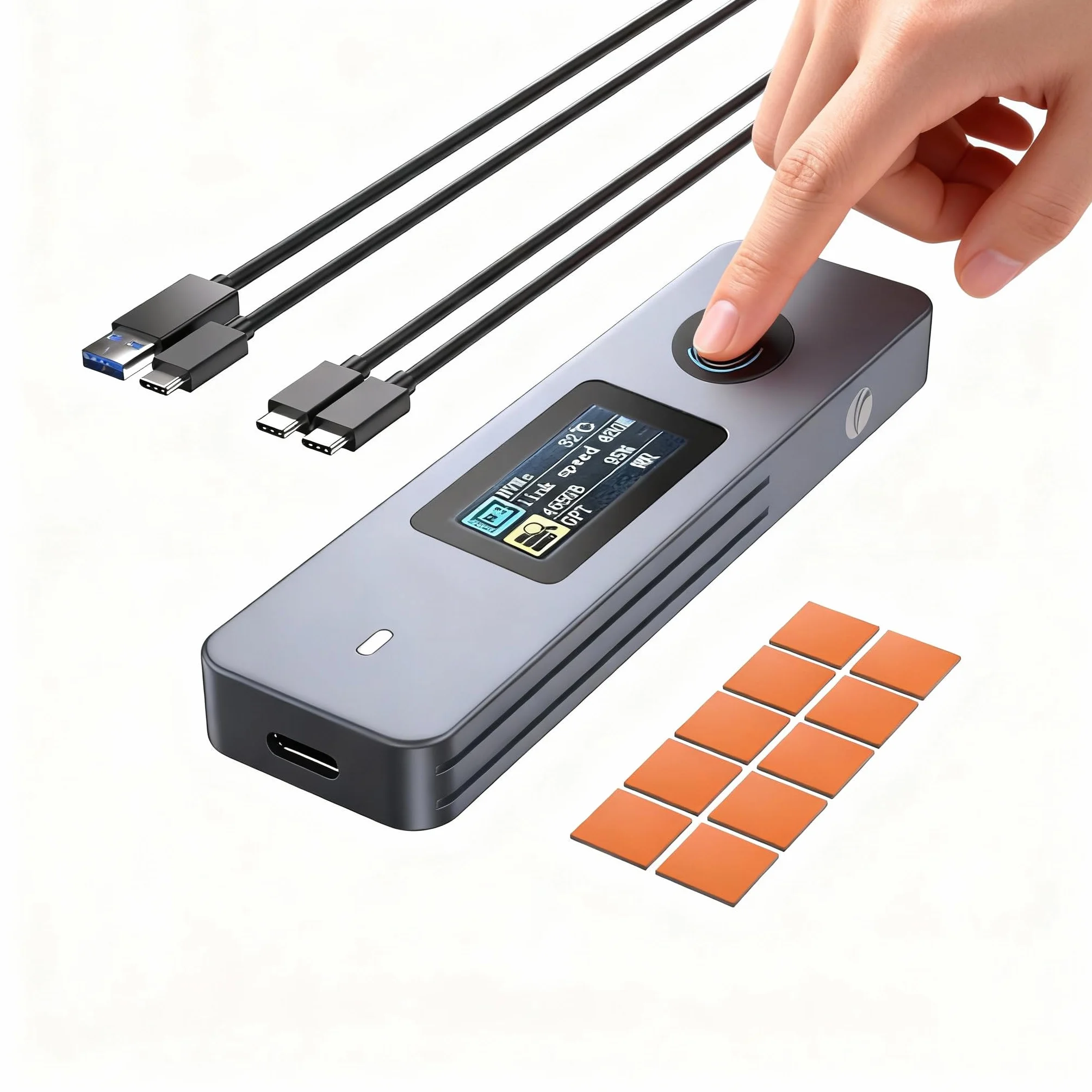 VCOM Obudowa SSD z wyświetlaczem LCD i szyfrowaniem linii papilarnych, USB 3.2 Gen2 10 Gb/s, M.2 NVMe i SATA, sprzętowy szyfrowany dysk zewnętrzny