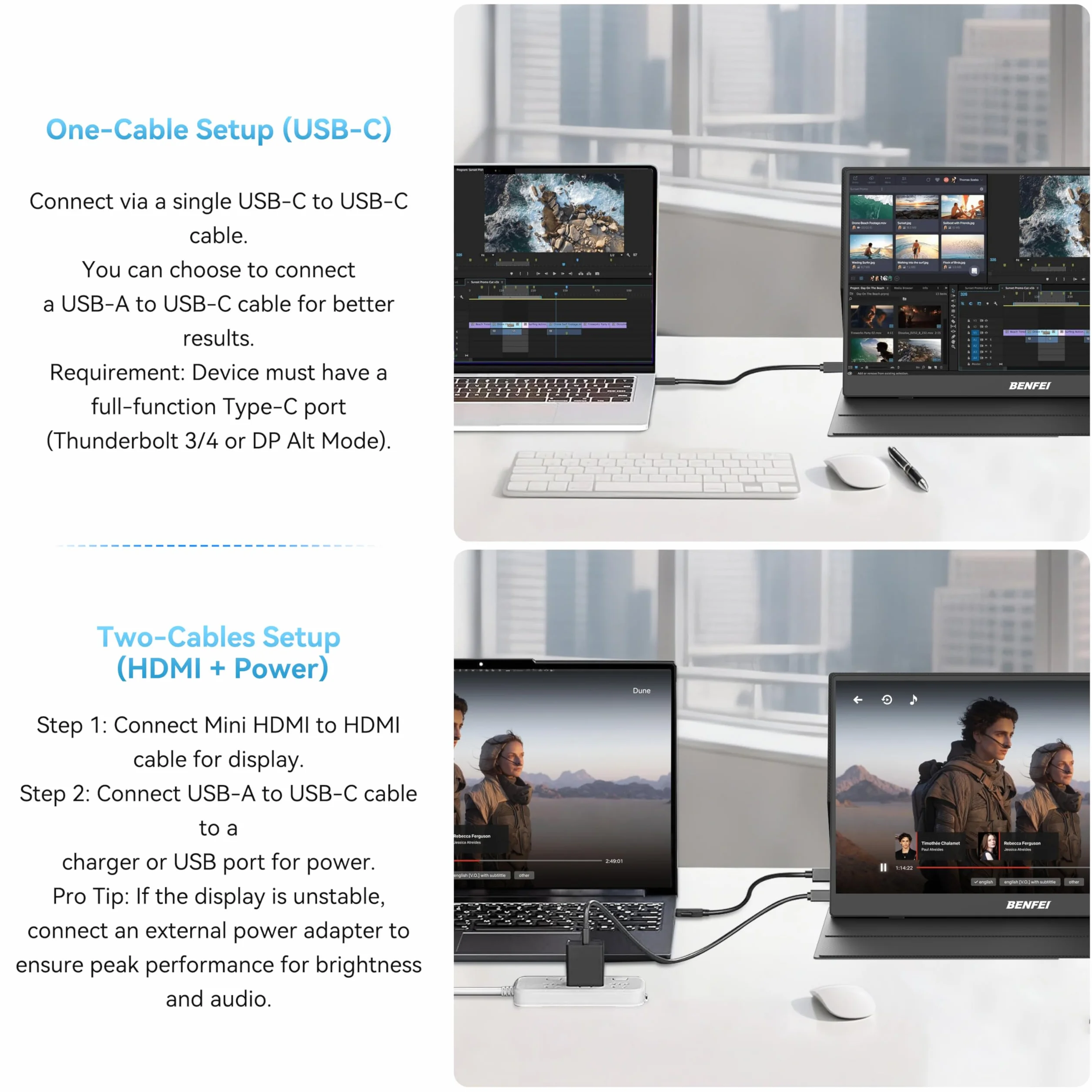 BENFEI Przenośny ekran 15,6" FHD 1080P HDMI/USB-C Ultra cienki IPS HDR, inteligentna obudowa + głośnik, Plug & Play do laptopów, komputerów, telefonów, tabletów, PS5/PS4, Xbox, przełączników