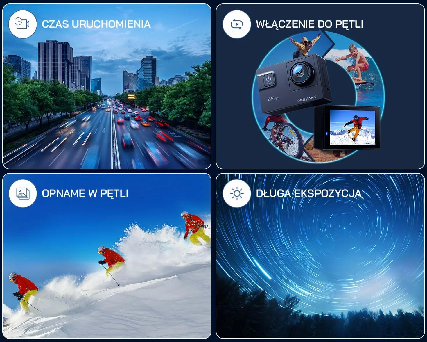 WOLFANG GA300 Kamera Sportowa 4K, Wodoodporna 40m z Kartą 32GB, WiFi 60FPS 24MP, Zoom 8x + Szeroki Kąt 170° EIS, Pilot 2.4G, Ekran Dotykowy, 2x Bateria 1350mAh