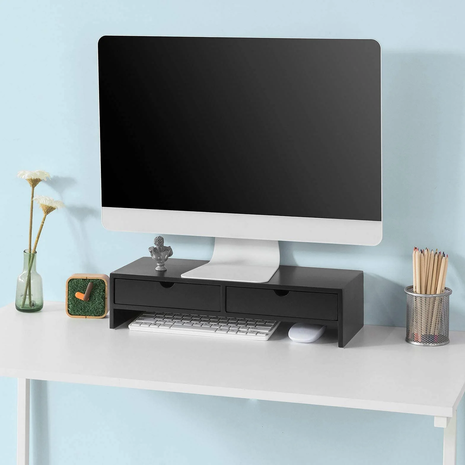 SoBuy Organizer na biurko z 2 szufladami, stojak na monitor, czarny, 47x11x18 cm BBF02-SCH