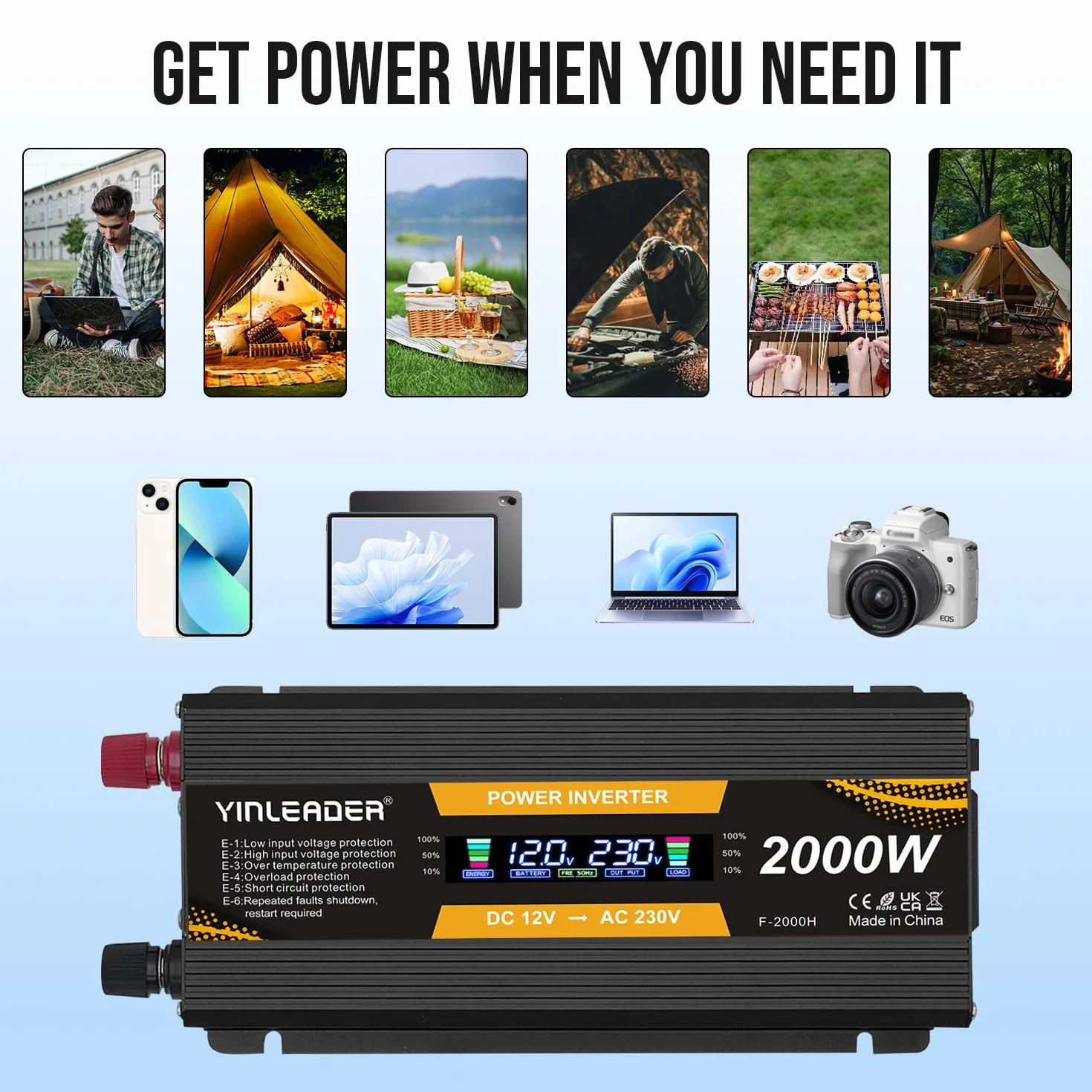 Yinleader Falownik 12 V 230 V 1000 W /2000 W przetwornica napięcia LCD z 2 USB -czarny
