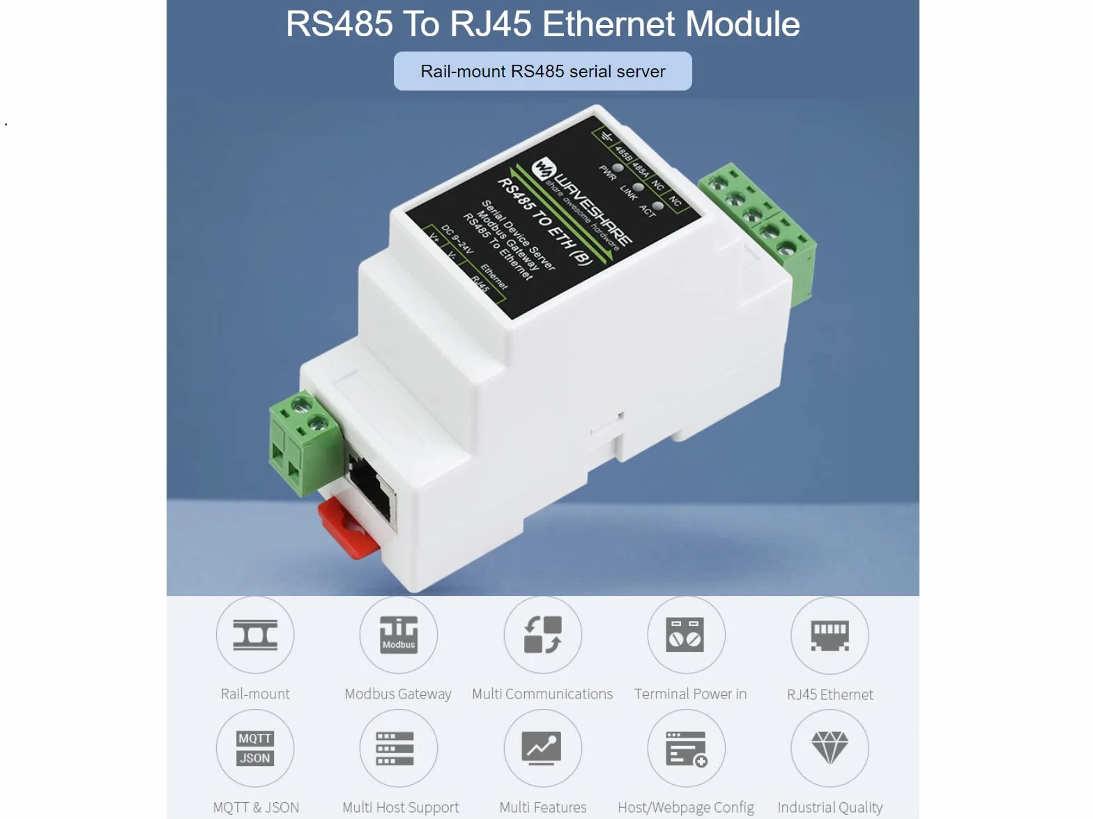 Waveshare RS485 do RJ45 Moduł Konwertera Ethernetu, Industrial Rail-Mount RS485 Serial Server, TCP/IP do modułu szeregowego, 300~115200 BPS Baurate, 10/100M Auto-Negotiation RJ45 Connector