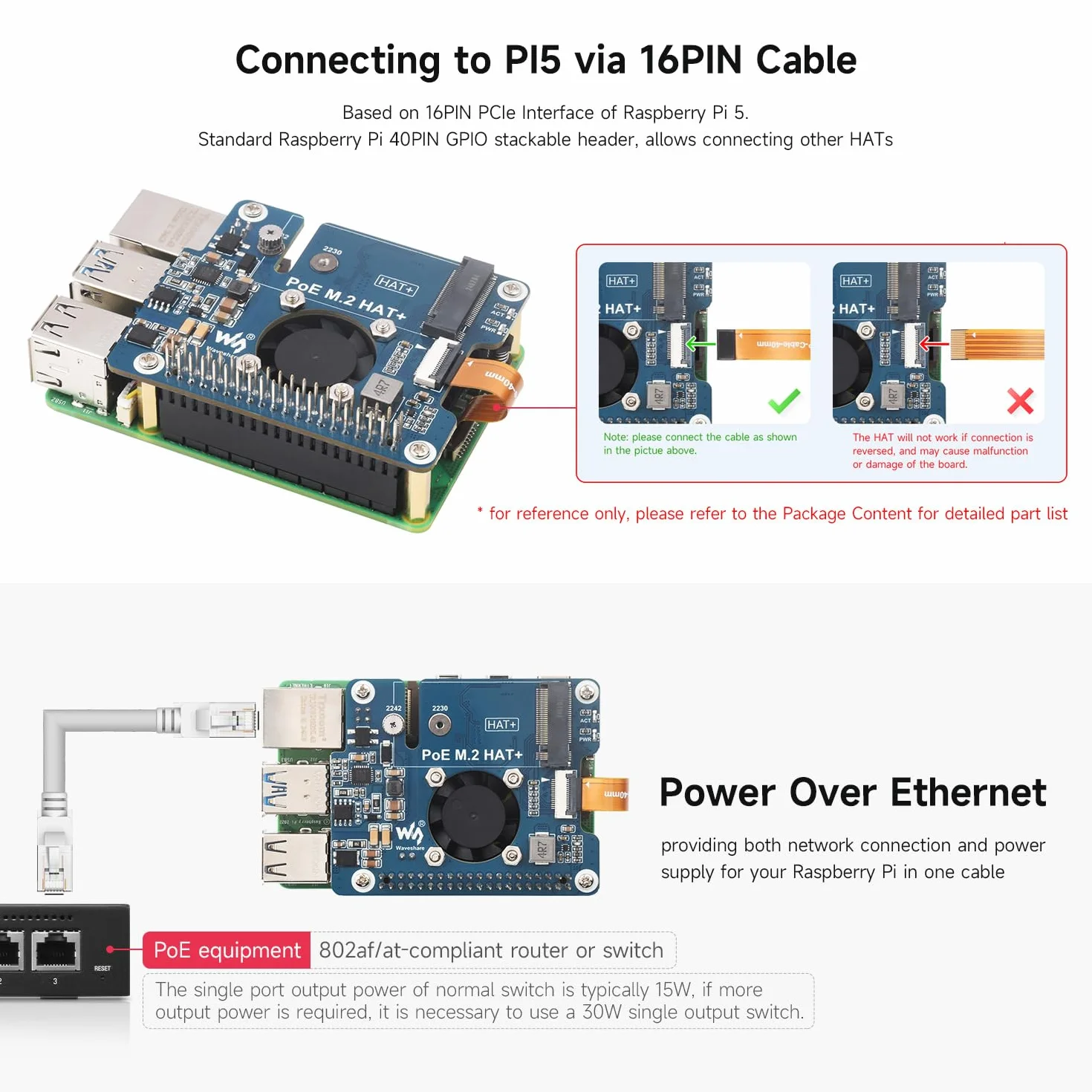 Waveshare PCIe To M.2 HAT+ Adapter With PoE for Raspberry Pi 5, with Cooler Fan, Support NVMe Drive Protocol 2230/2242 M.2 Solid State Drive & 802.3af/at Network Standard, High-speed Reading/Writing