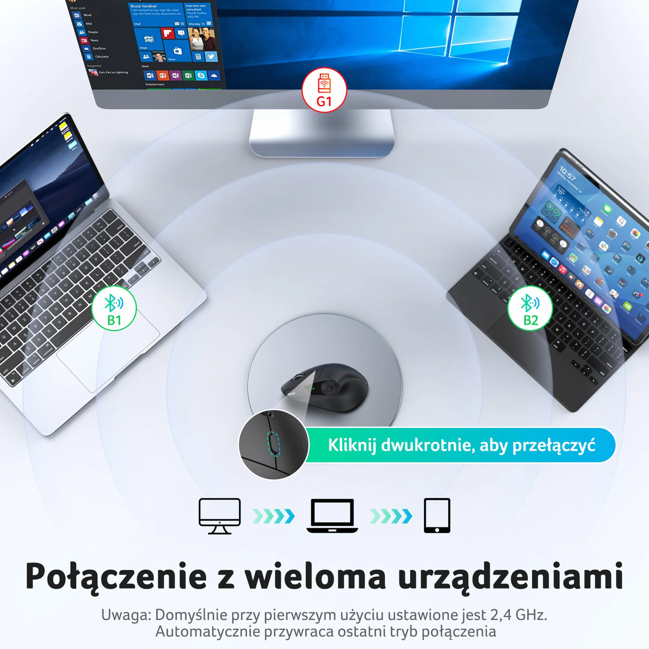 Acer Bezprzewodowa mysz ergonomiczna z bocznym kółkiem przewijania, 4000 DPI mysz Bluetooth do laptopa (BT5.2+2.4GHz), pionowa mysz, dla prawej ręki, 8 przycisków, odbiornik USB do PC, komputerów