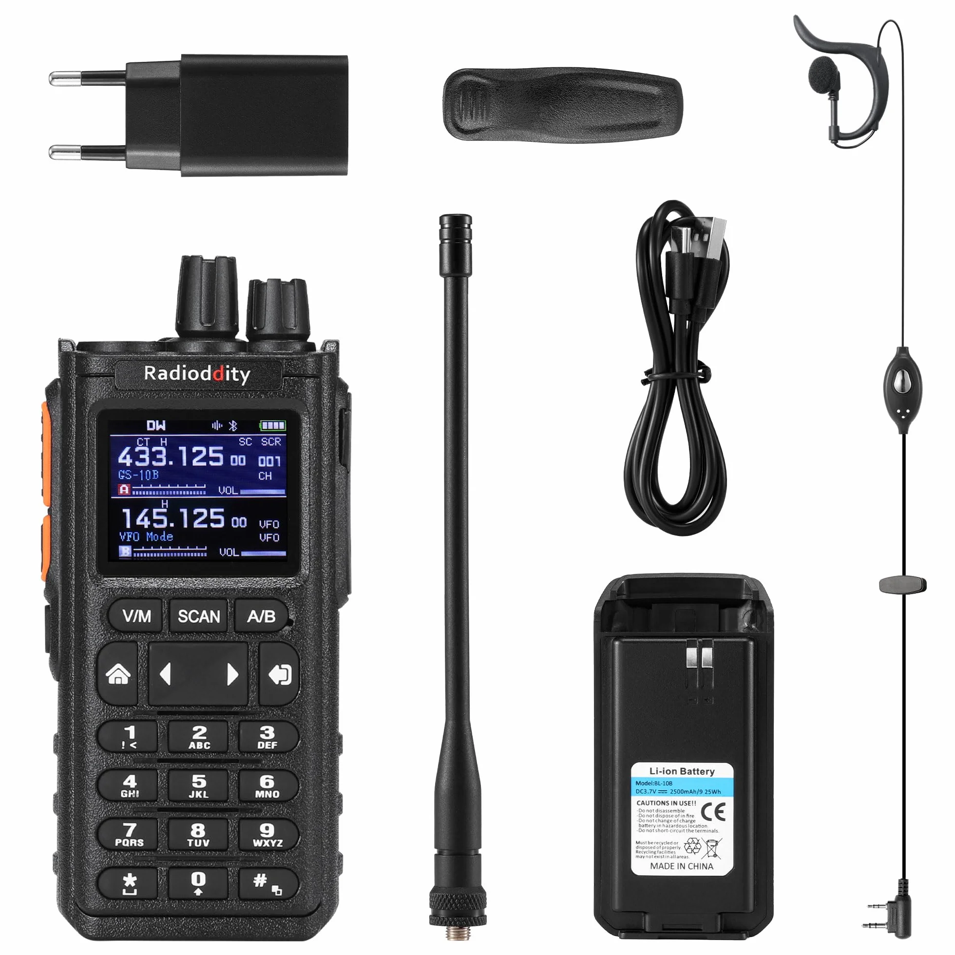 Radioddity GS-10B 10W Radio Ham, Dwukierunkowe na Duży Zasięg z APP Programowalne, UHF/VHF/FM Lotniczy, Dual PTT, Bateria 2500mAh & USB-C, Redukcja Szumów & Synchroniz. Kanałów