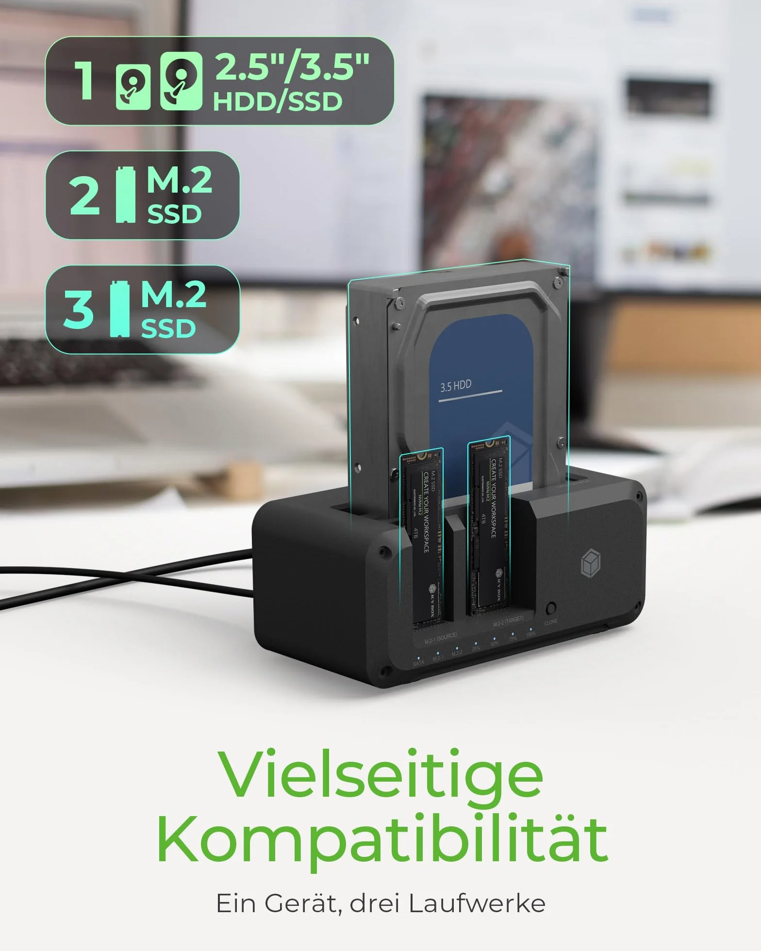 ICY BOX Stacja dokująca do dysków M.2 NVMe i SATA, dwukierunkowe klonowanie, USB 3.2 10 Gb/s
