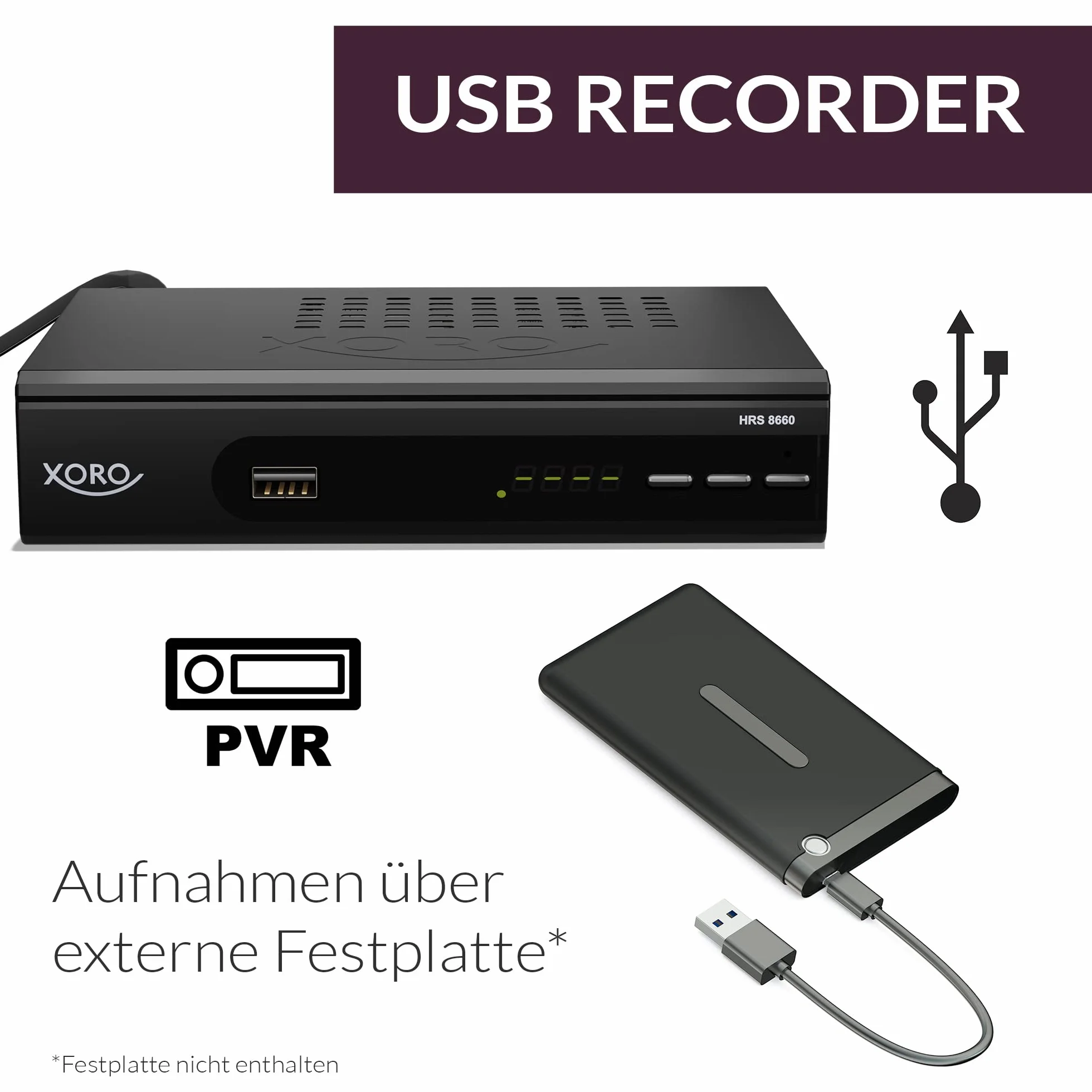 XORO HRS 8660 cyfrowy odbiornik satelitarny, lista programów Astra 19.2, zaprogramowana lista kanałów, PVR-Ready, Timeshift, odtwarzacz multimedialny USB, wyświetlacz LED, łatwa instalacja