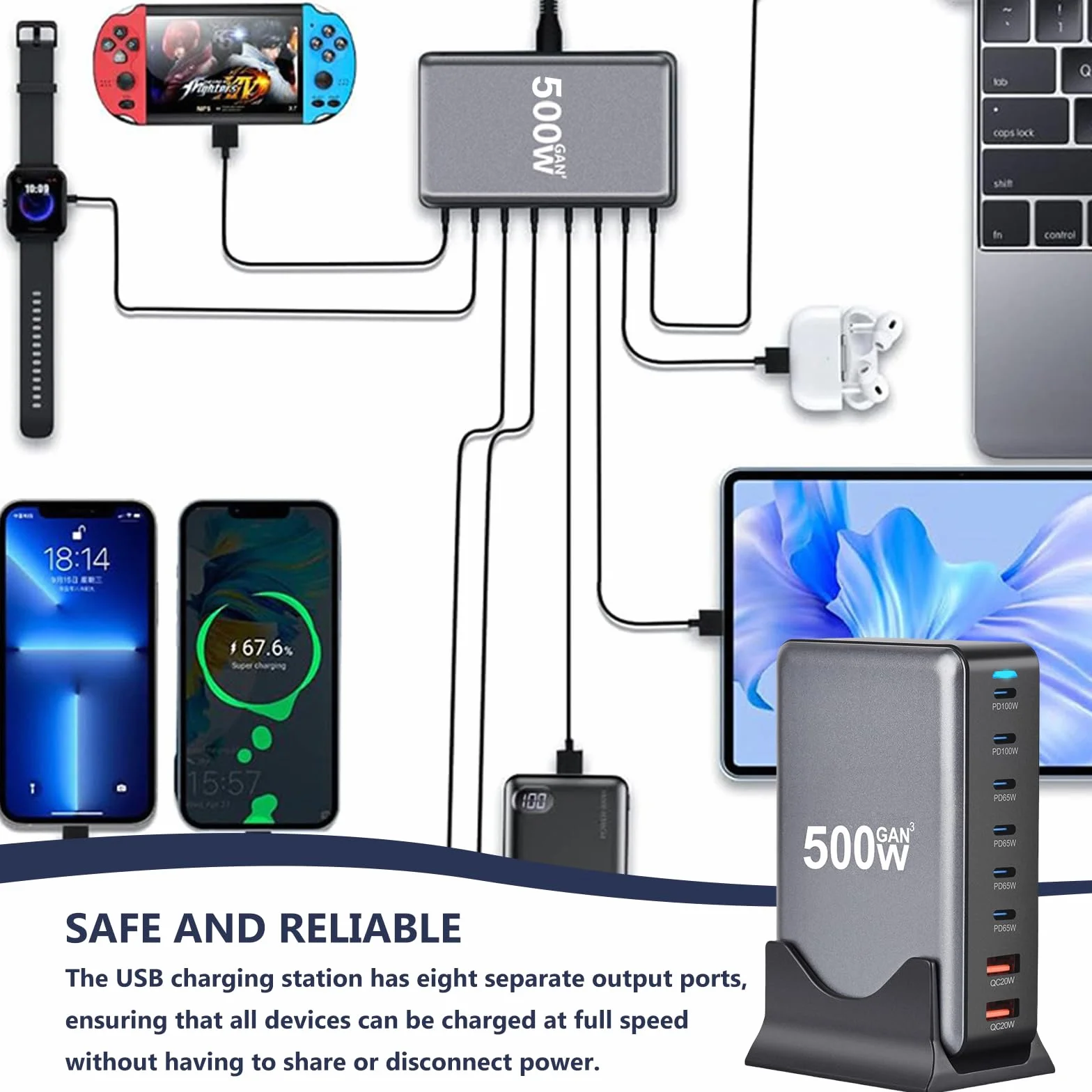 Ładowarka USB C 500 W, 8 portów, adapter do szybkiego ładowania z GaN III i PD 3.1, z 6 USB-C i 2 USB-A PD PPS Charger 100 W zasilacz sieciowy do MacBook, iPhone, laptop, iPad, Samsung