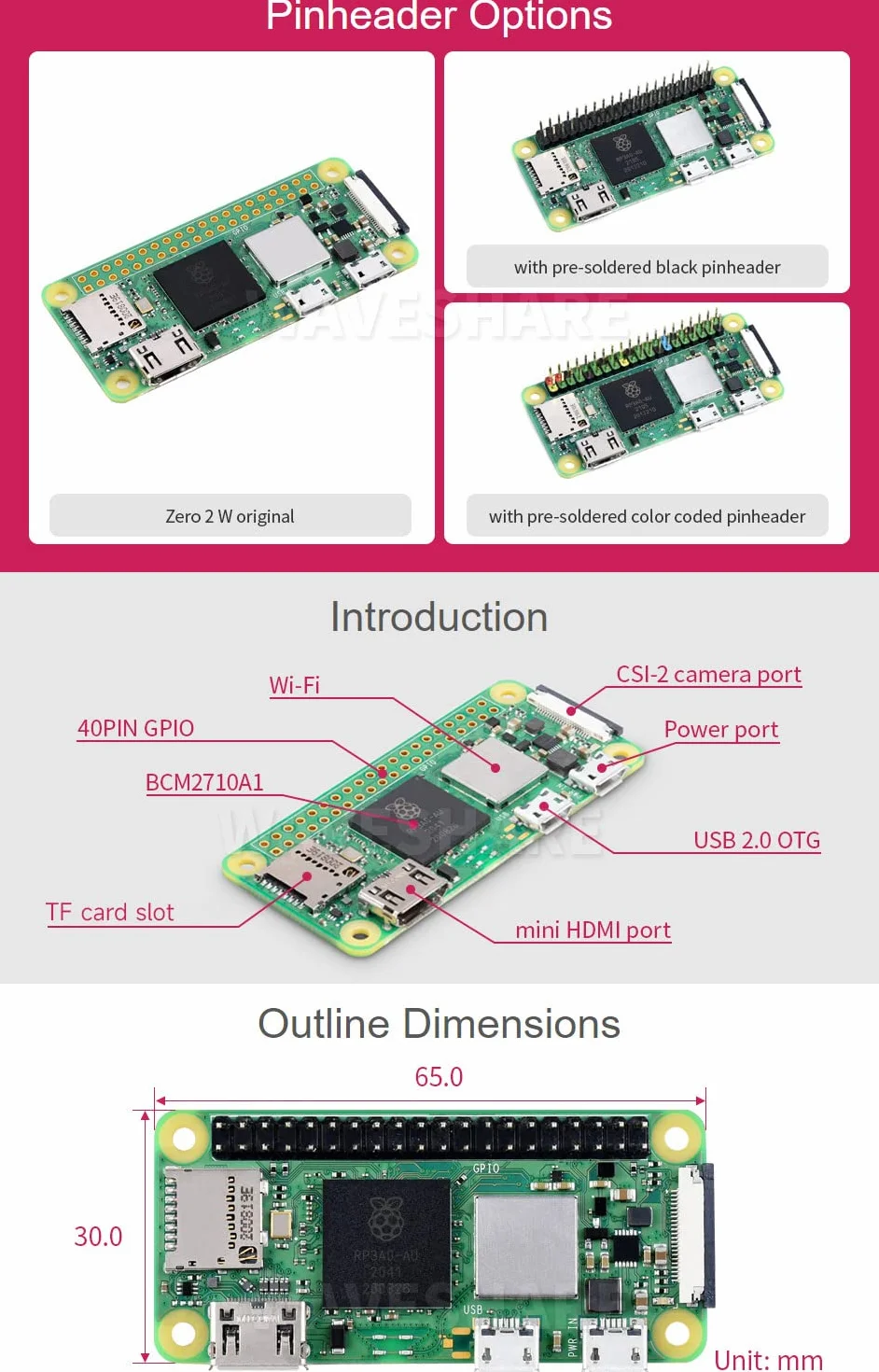 Waveshare Retrofited Raspberry Pi Zero 2 W, 5 Times Faster 1GHz Quad-Core Arm Cortex-A53 CPU with WiFi Bluetooth 4.2 BLE with Pre-Solder Black Pinheader