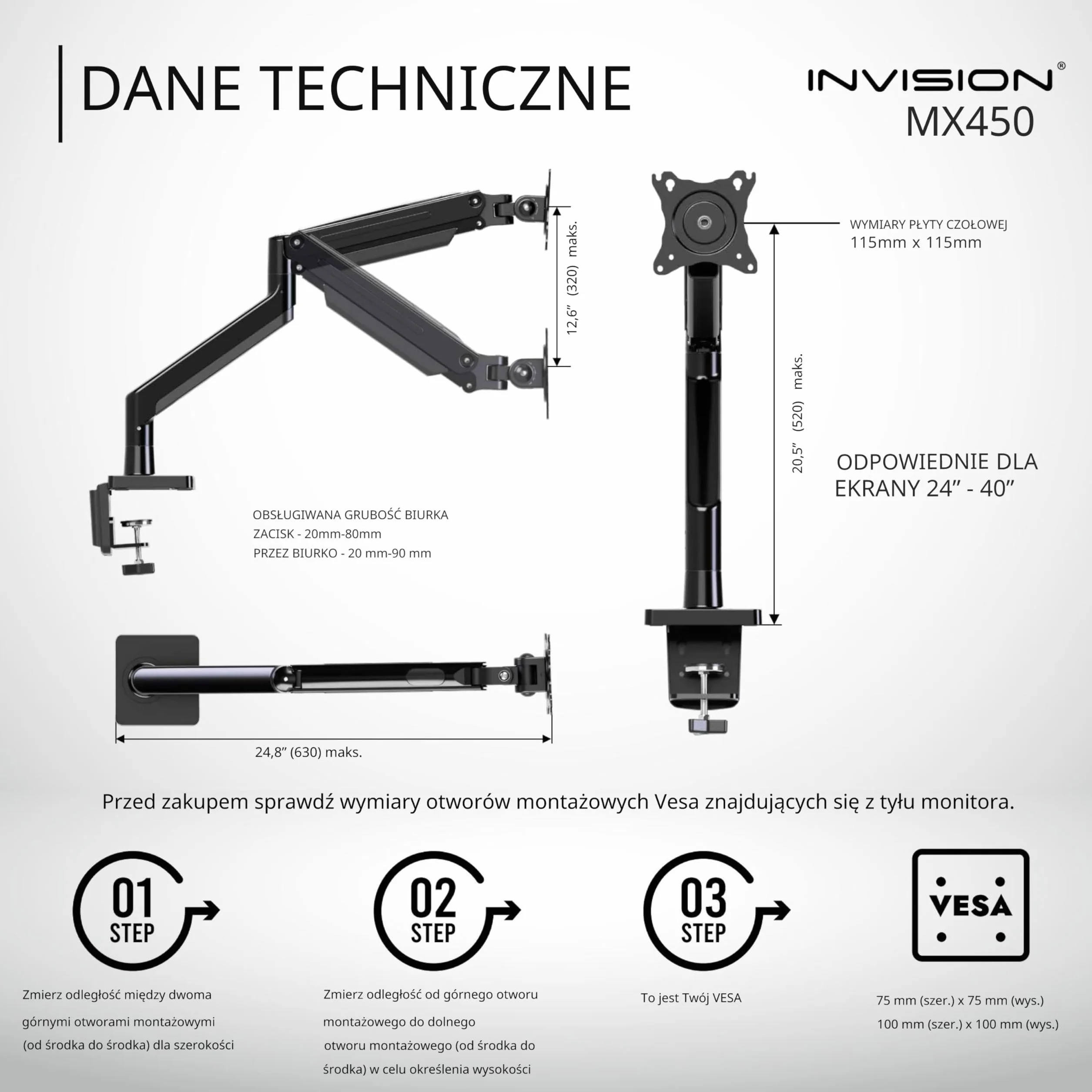 Invision Uchwyt Biurkowy na Sprężynie Gazowej do Monitora LCD LED 24-40 Cali 2-15 kg Czarny MX450