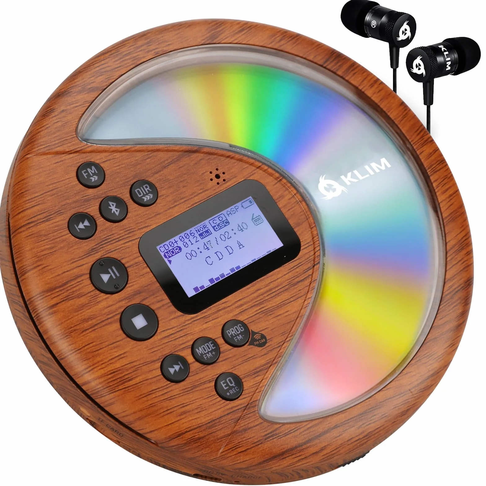 KLIM Discover Wood - Przenośny odtwarzacz CD z długotrwałą baterią - Nowy - ze słuchawkami - Radio FM - Przenośny odtwarzacz CD MP3 - Karta SD, nadajnik FM, Bluetooth - Idealny do samochodów