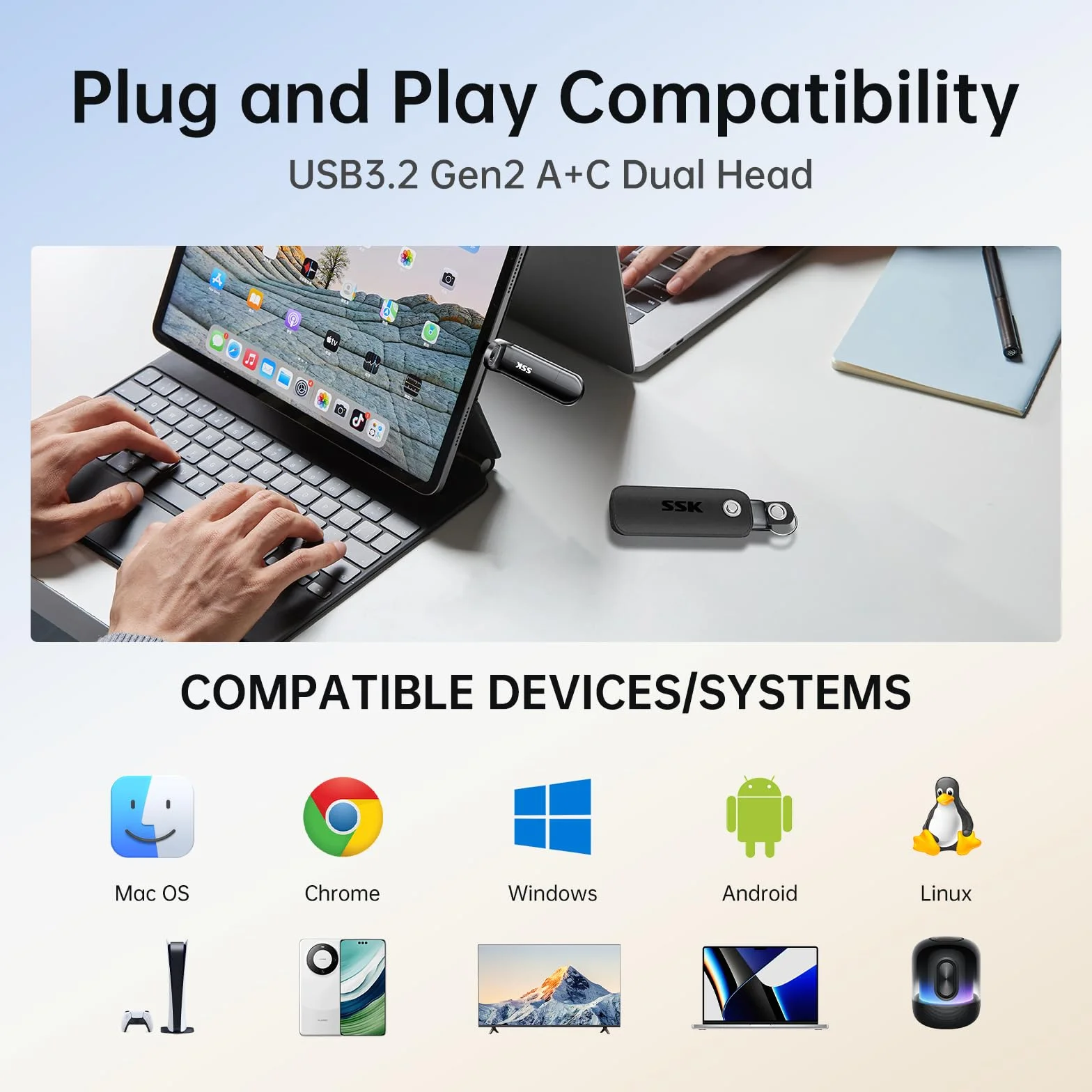 SSK Zewnętrzny dysk SSD 256 GB 1000 MB/s USB 3.2 Gen 2 USB-C USB-A przenośny