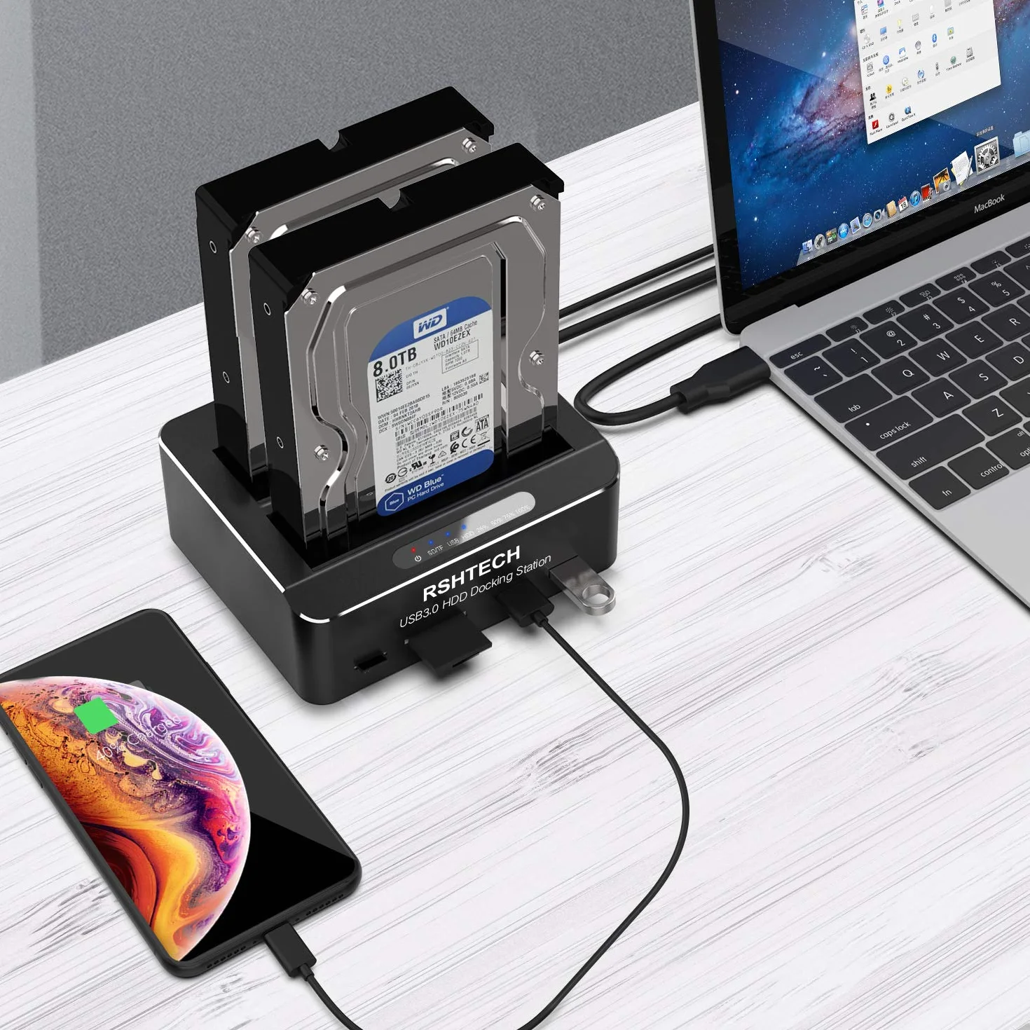 RSHTECH Stacja dokująca dysku twardego USB 3.0 SATA HDD SSD 2.5 3.5 z Czytnikiem Kart SD TF Klonowanie Offline 2 x Napęd 16TB 6Gbit/s